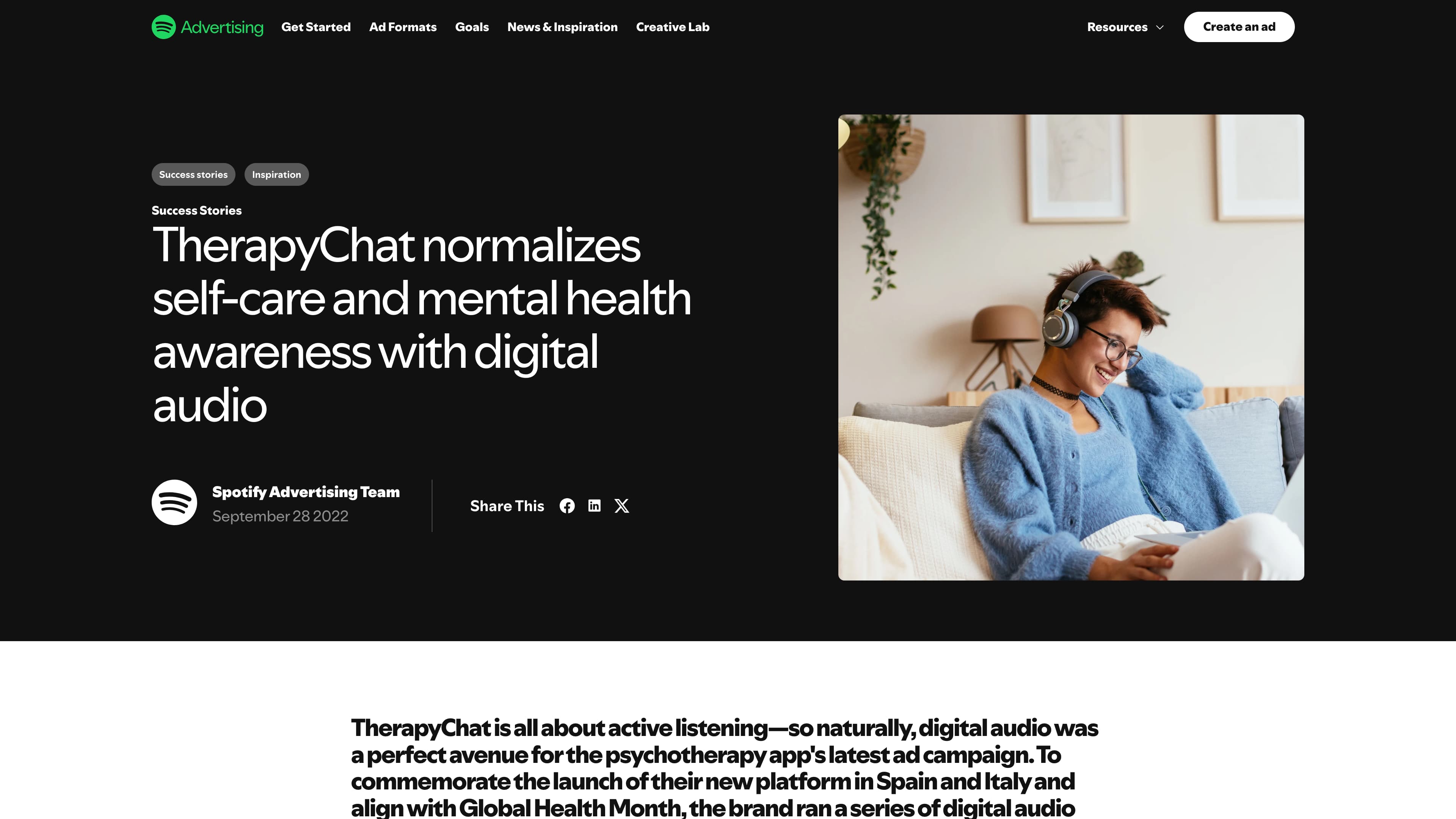 A screenshot of an example of evergreen content, a case study from Spotify Advertising.