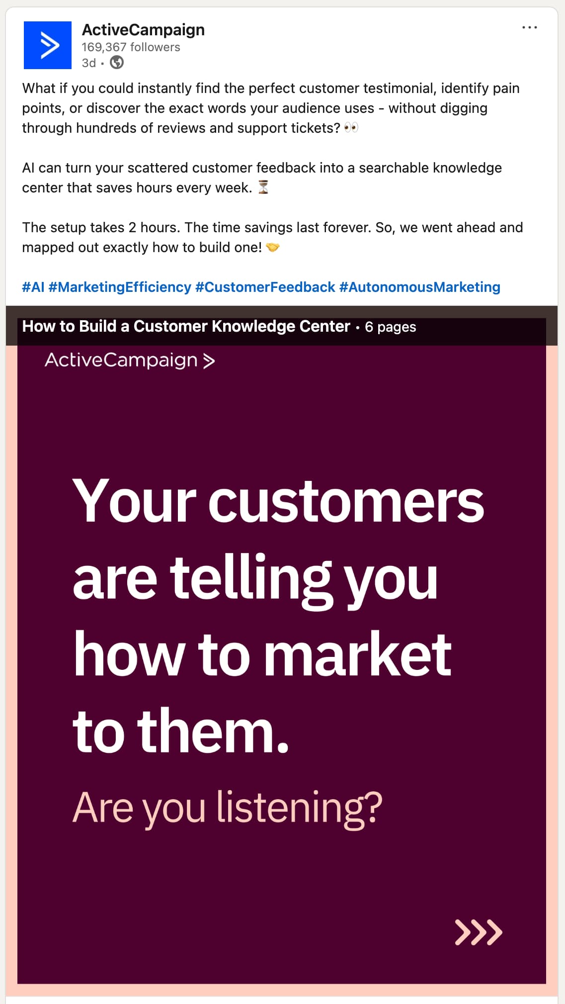 A screenshot of an example of evergreen content, a LinkedIn post from ActiveCampaign.