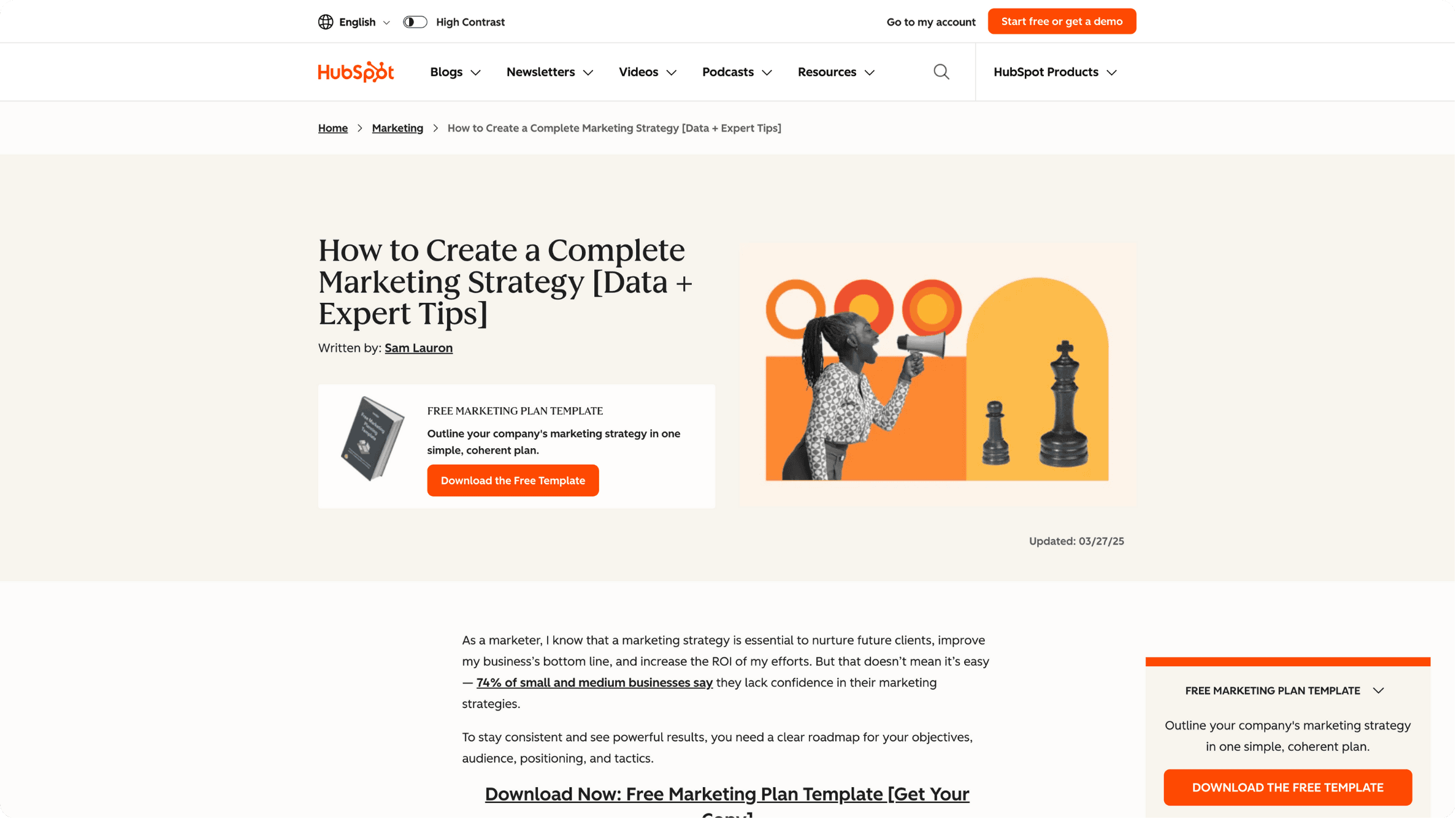 A screenshot of a blog post on the HubSpot website about creating a marketing strategy.