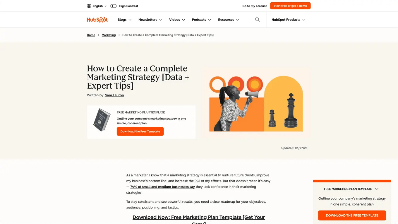 A screenshot of a blog post on the HubSpot website about creating a marketing strategy.