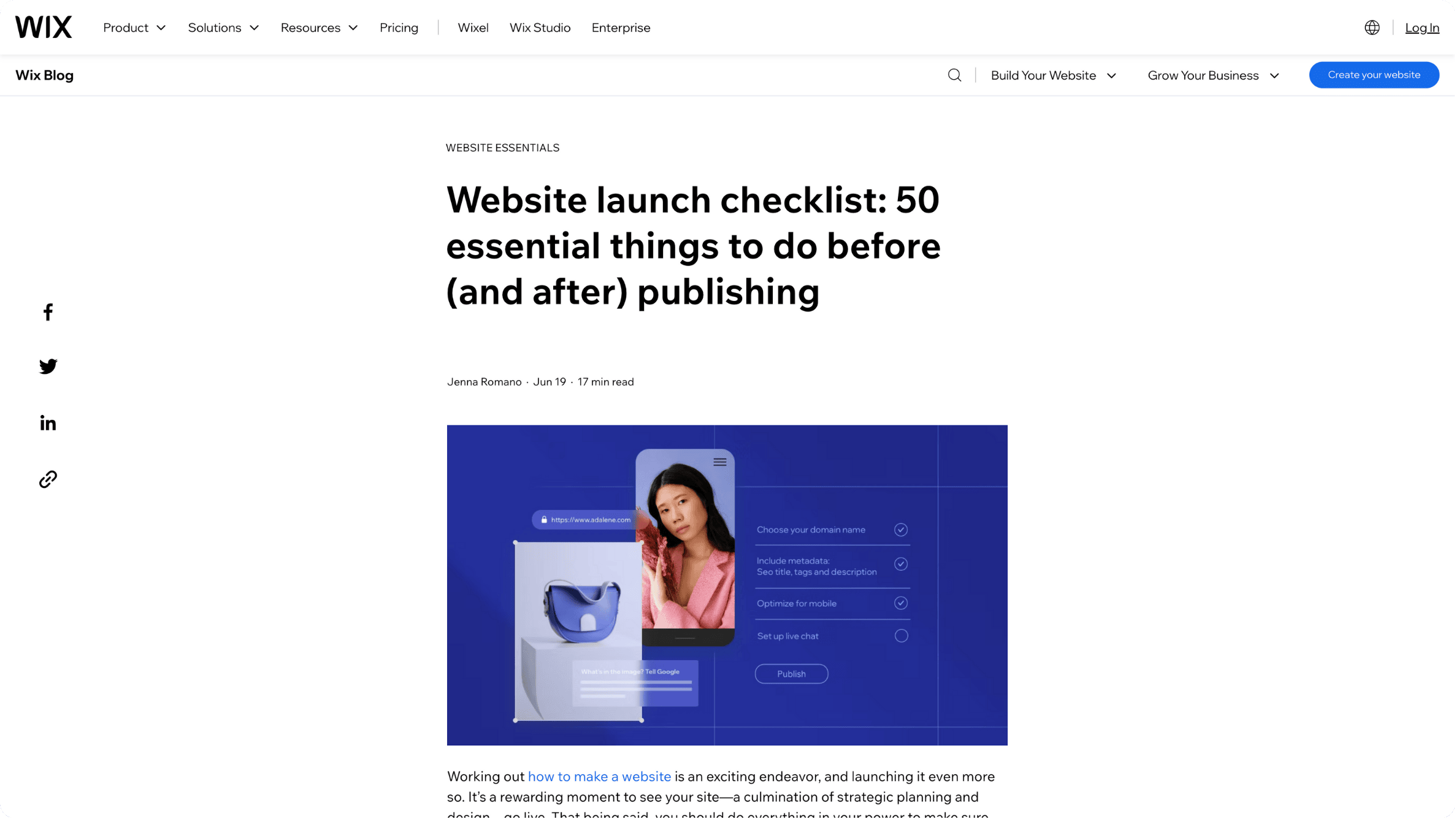 A screenshot of a blog post from Wix sharing a website launch checklist.