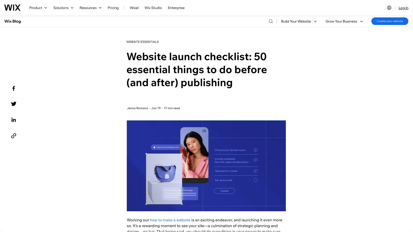 A screenshot of a blog post from Wix sharing a website launch checklist.