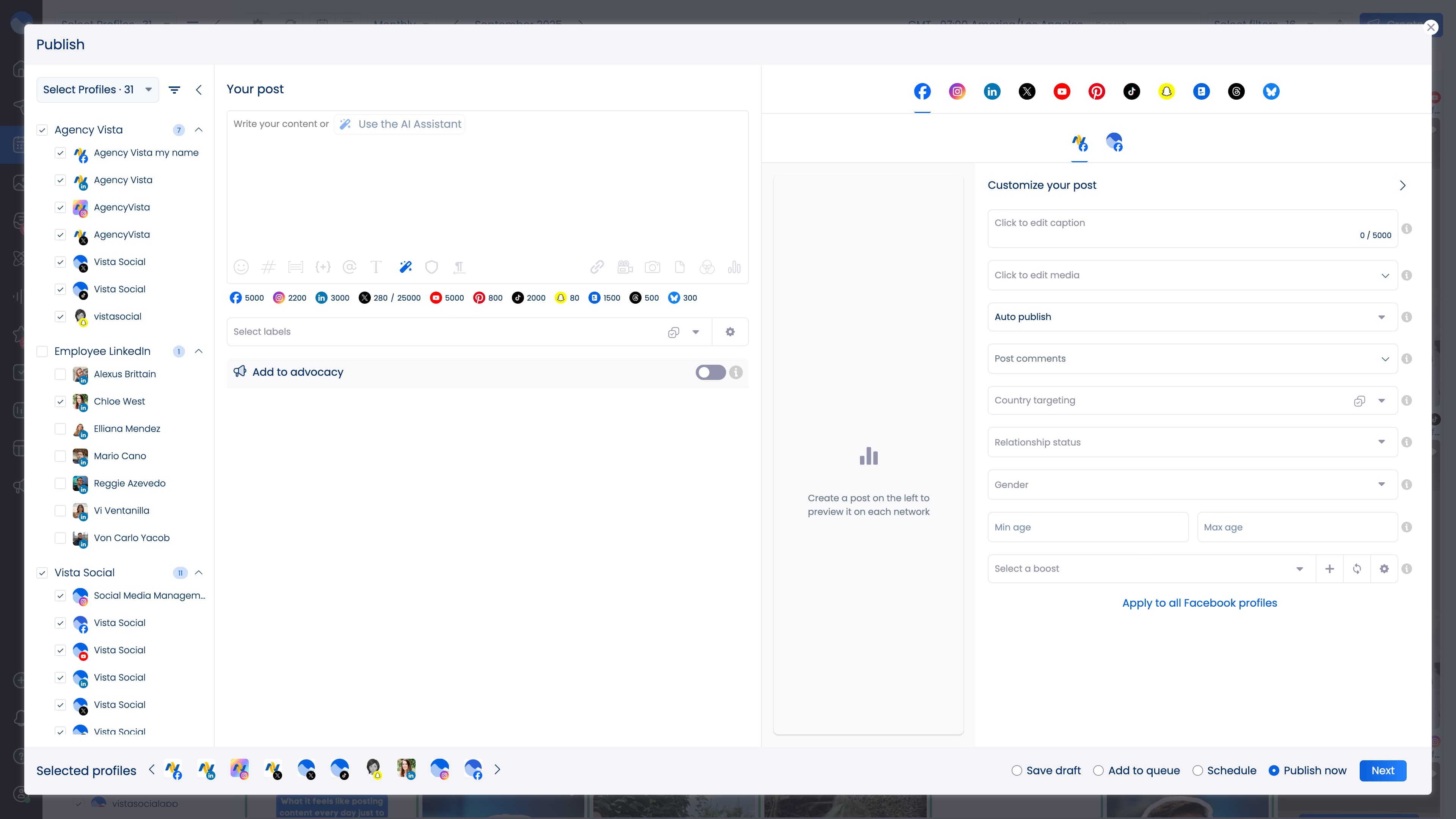 A screenshot of the post creation interface inside Vista Social.