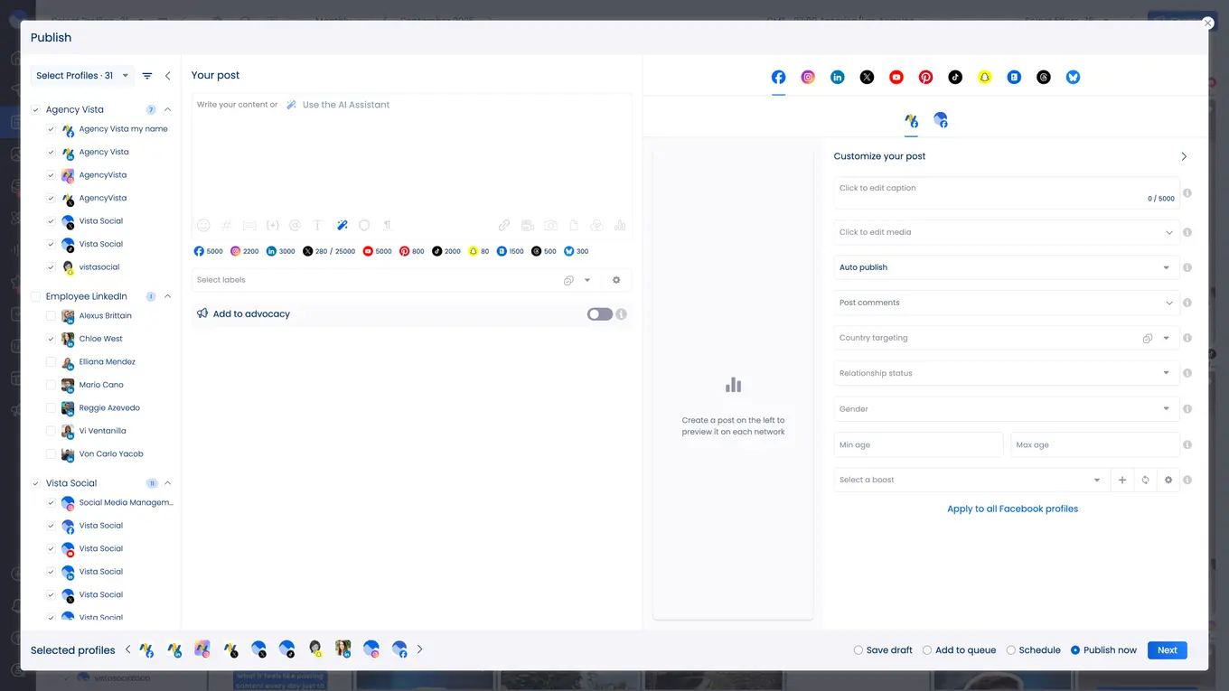 A screenshot of the post creation interface inside Vista Social.