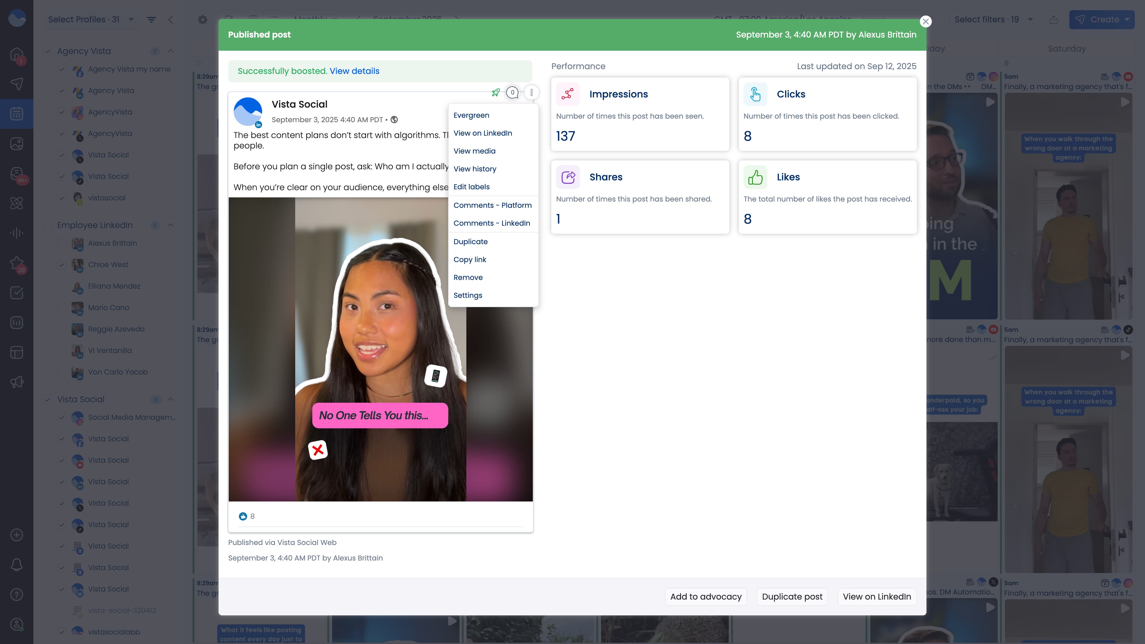 A screenshot showcasing a post's settings in Vista Social.