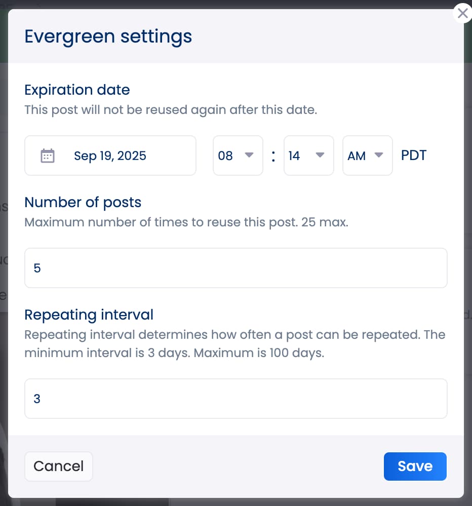 A screenshot of Evergreen settings inside Vista Social.