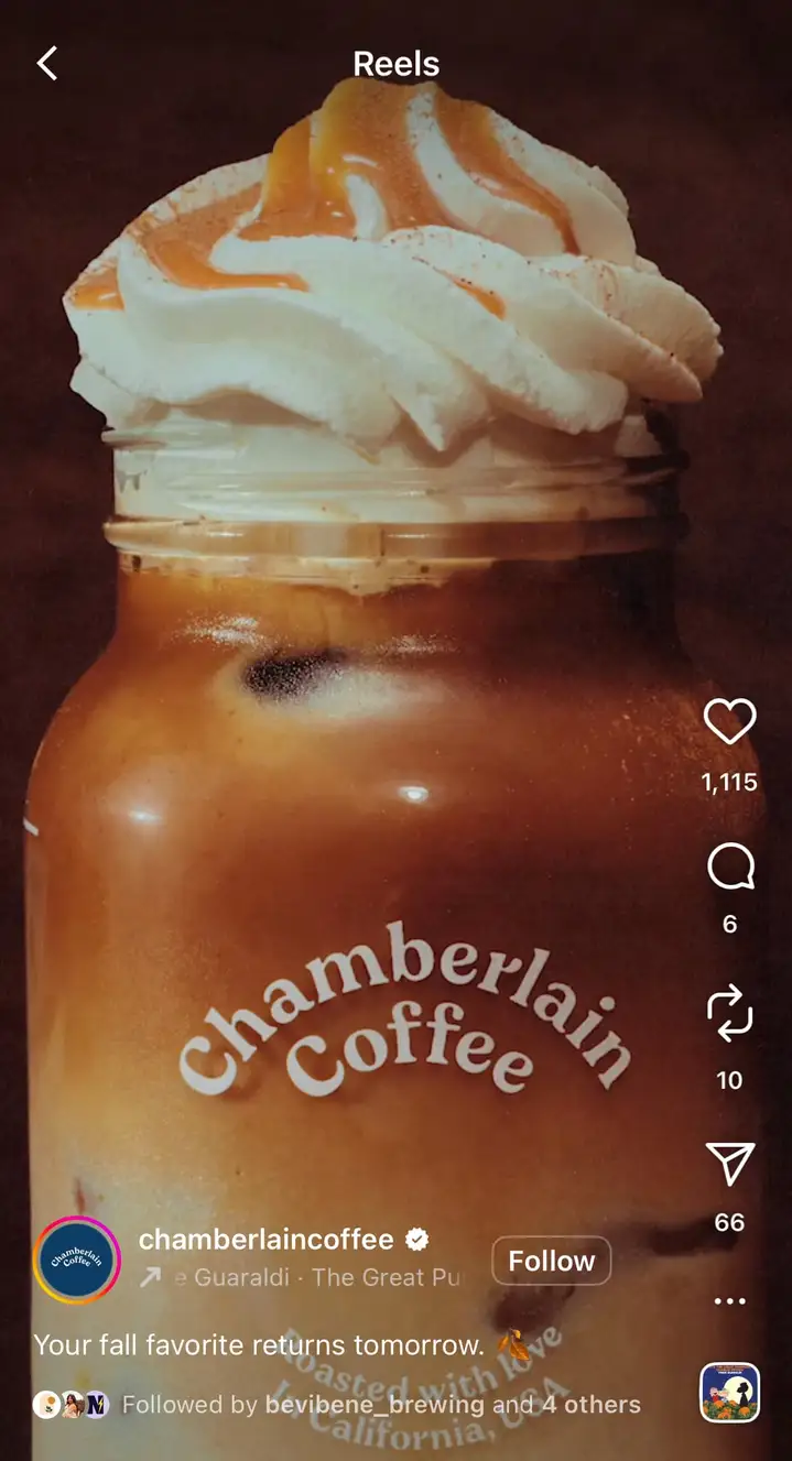 An Instagram Reel example from Chamberlain Coffee showcasing how to use reels to make sales.