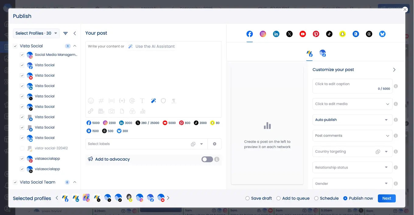 A screenshot showcasing how to publish a post within Vista Social.