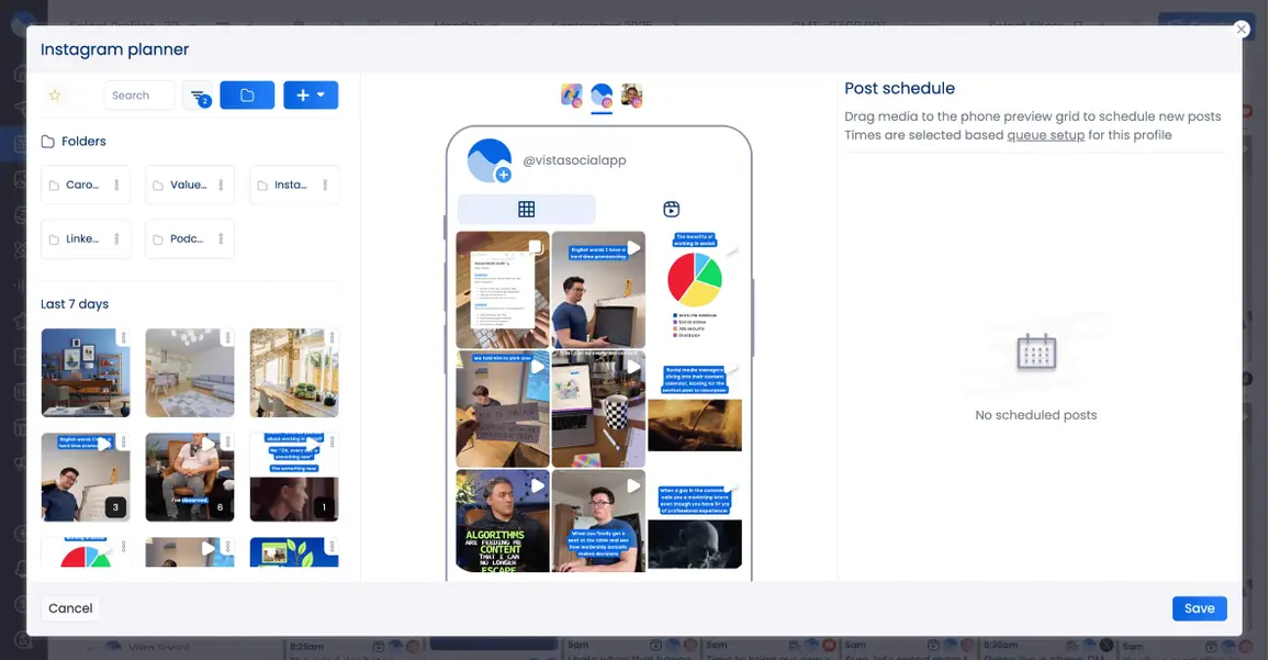 A screenshot of the Instagram visual planner within Vista Social.