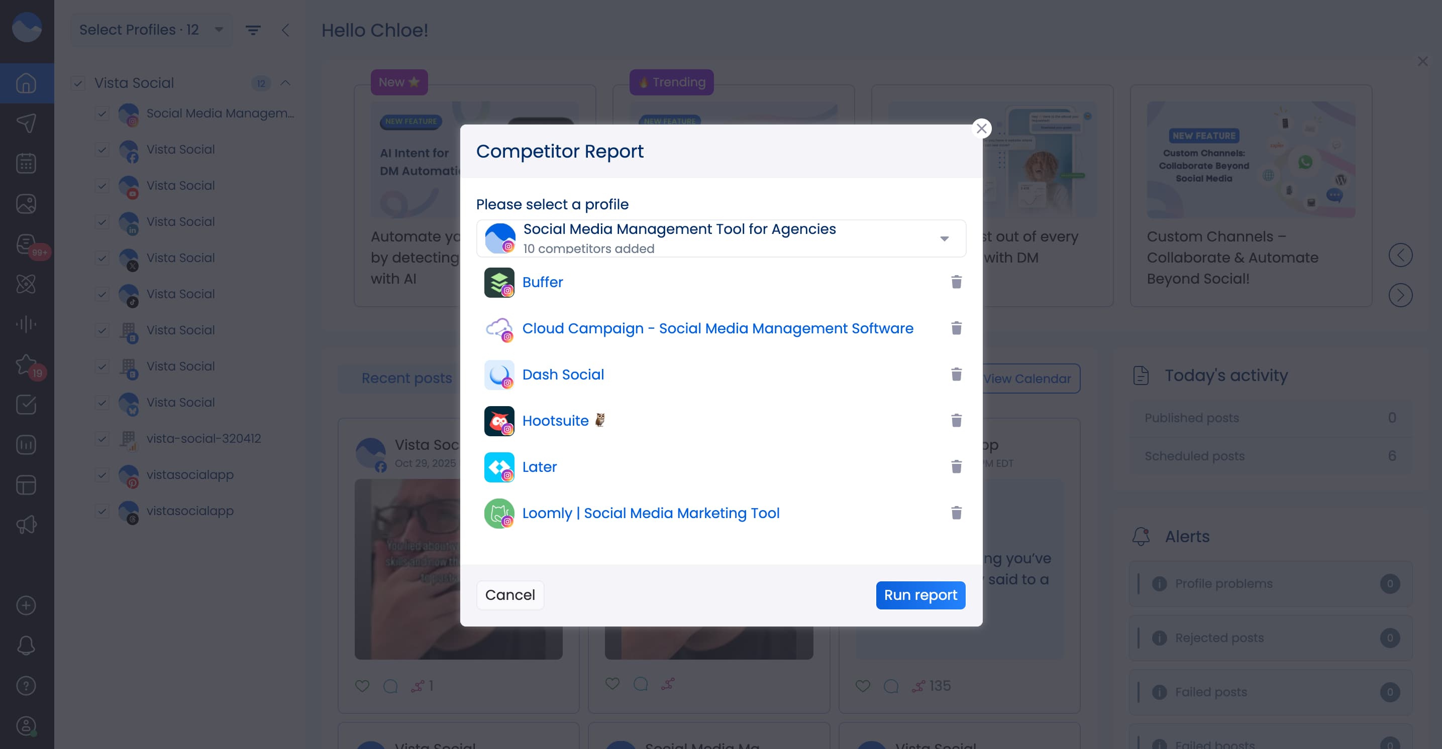 A screenshot of starting a competitor report in Vista Social.