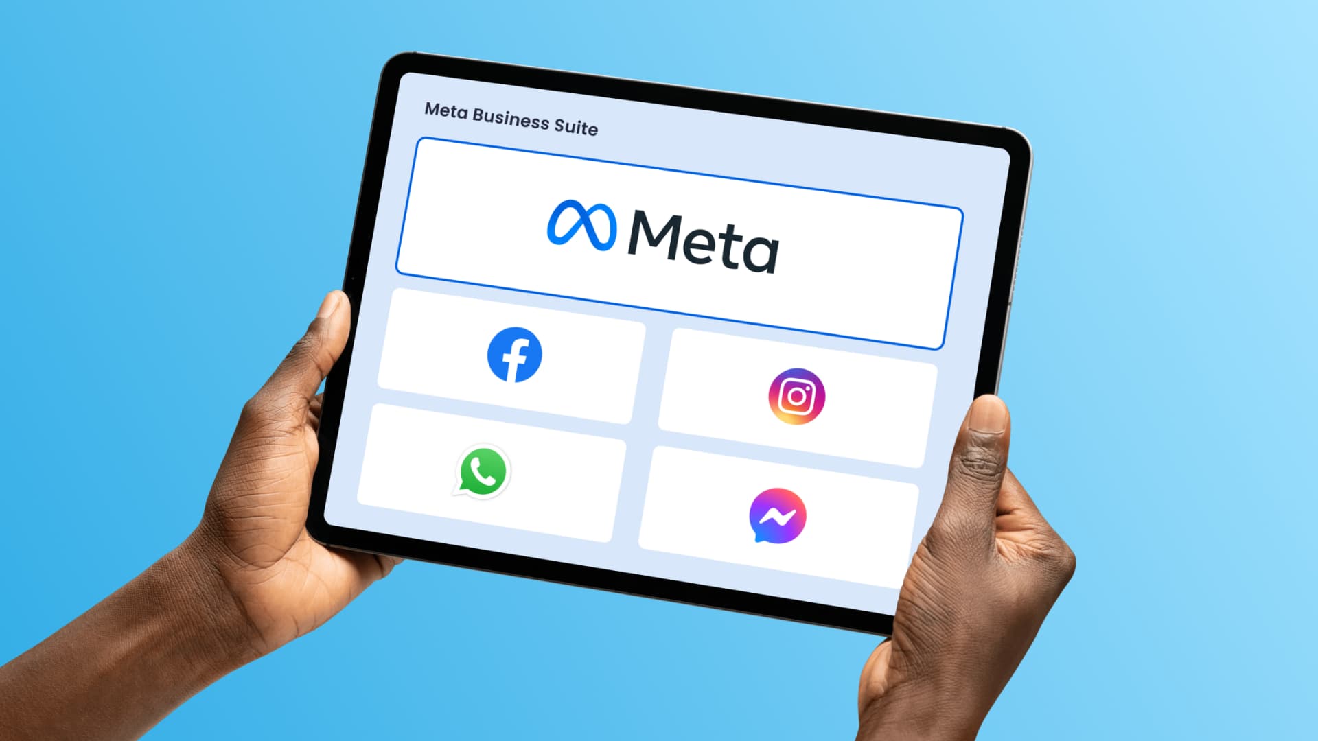 An illustration of an iPad showcasing all of the platforms under Meta.