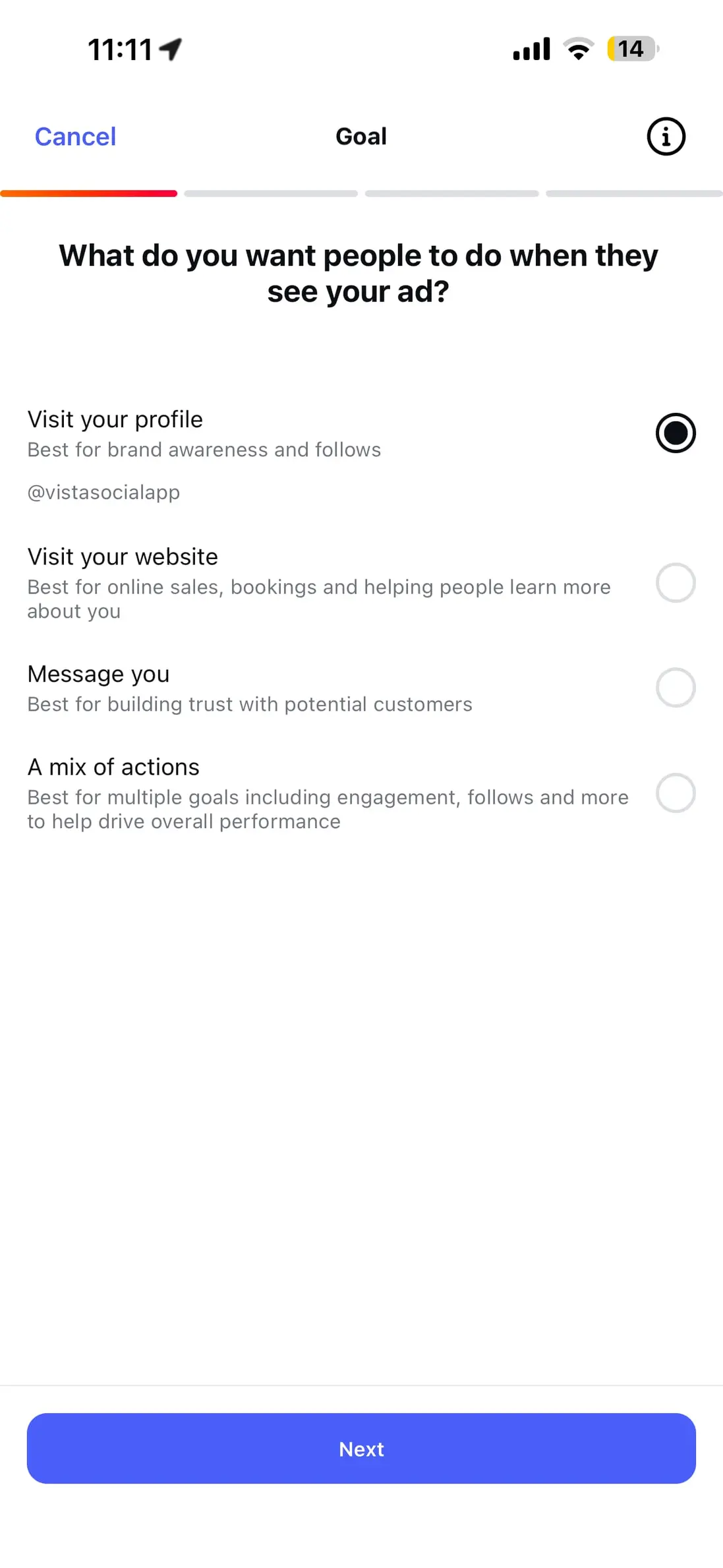 A screenshot of the "Goals" step of boosting an Instagram Reel in the Instagram app.