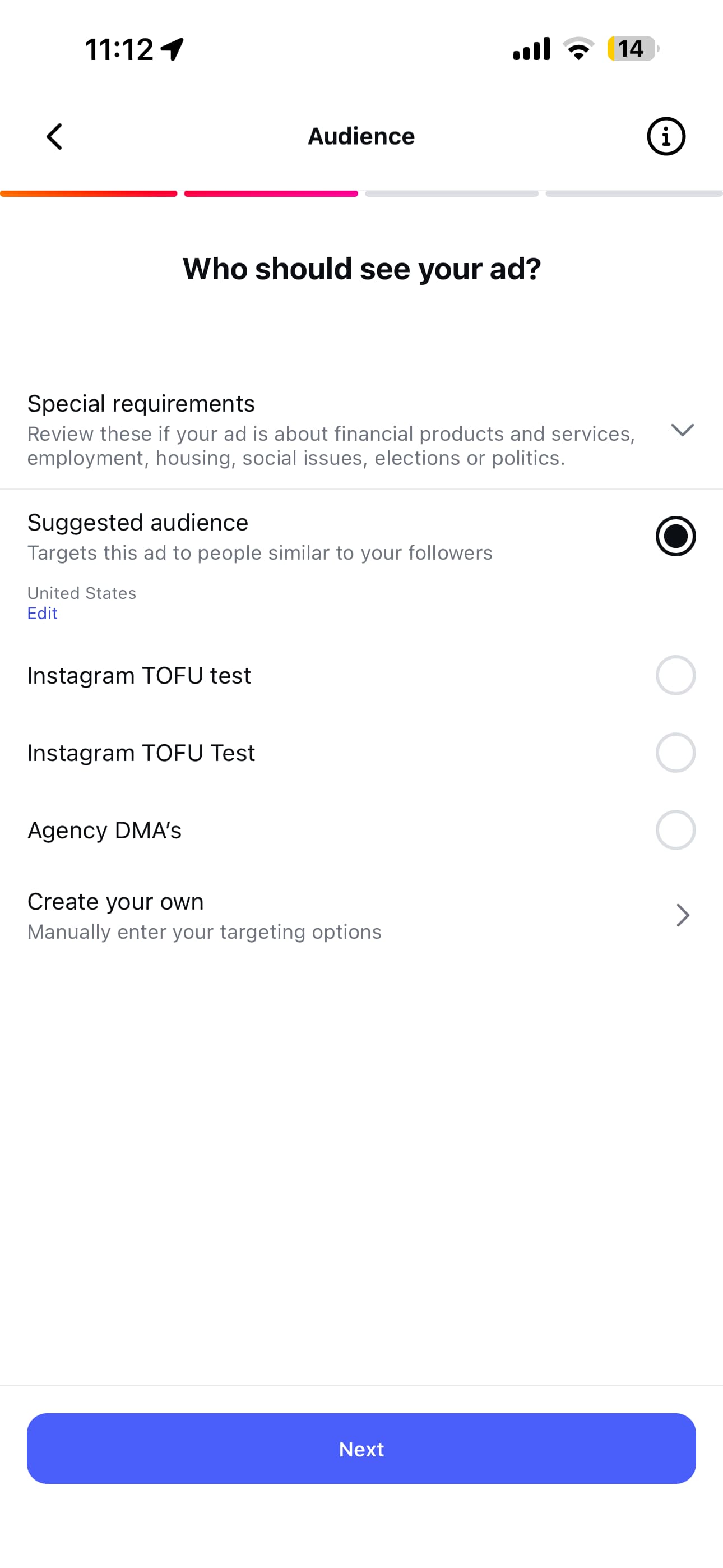 A screenshot of the "Audience" step of boosting an Instagram Reel in the Instagram app.