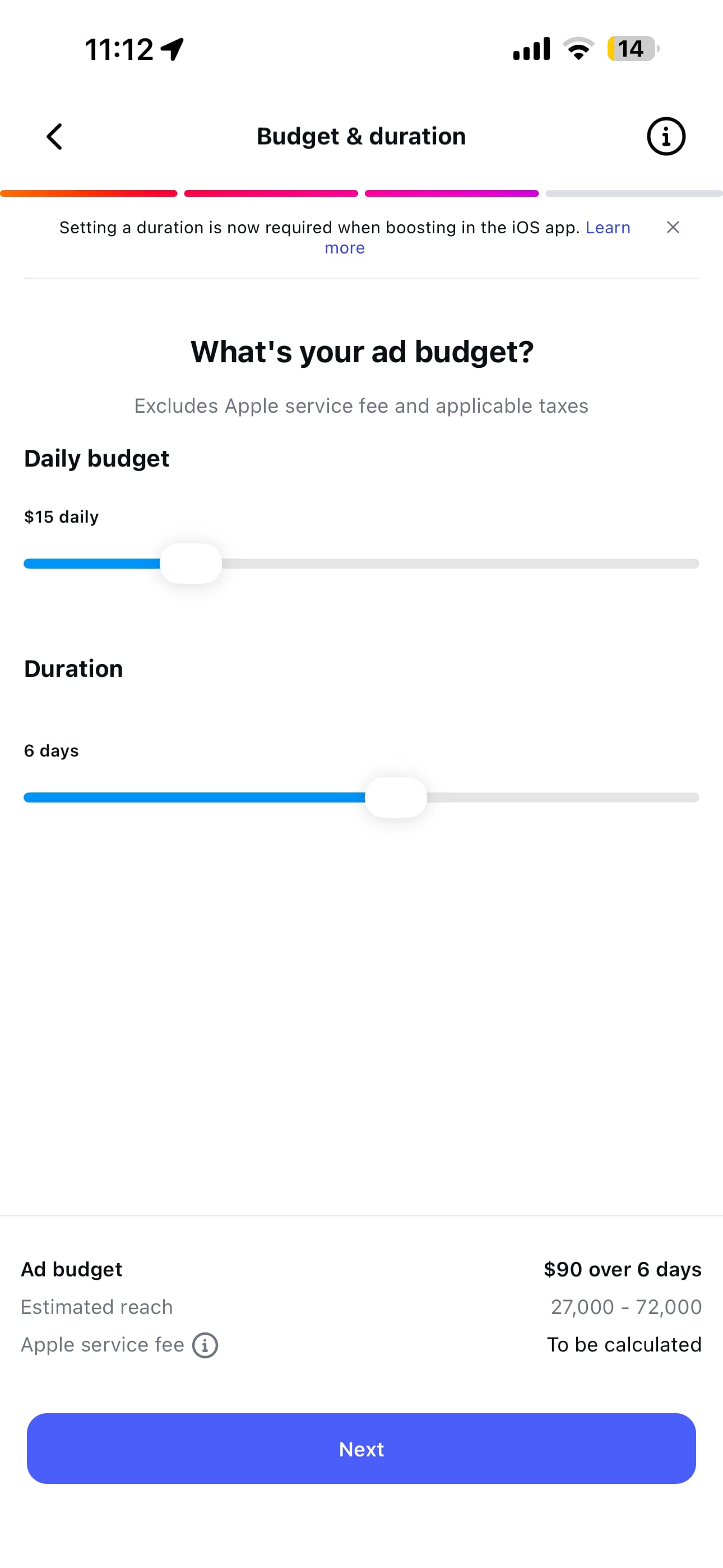 A screenshot of the "Budget" step of boosting an Instagram Reel in the Instagram app.