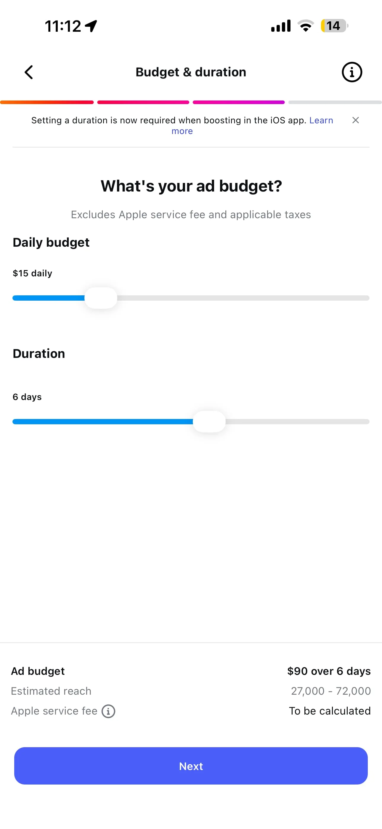 A screenshot of the "Budget" step of boosting an Instagram Reel in the Instagram app.