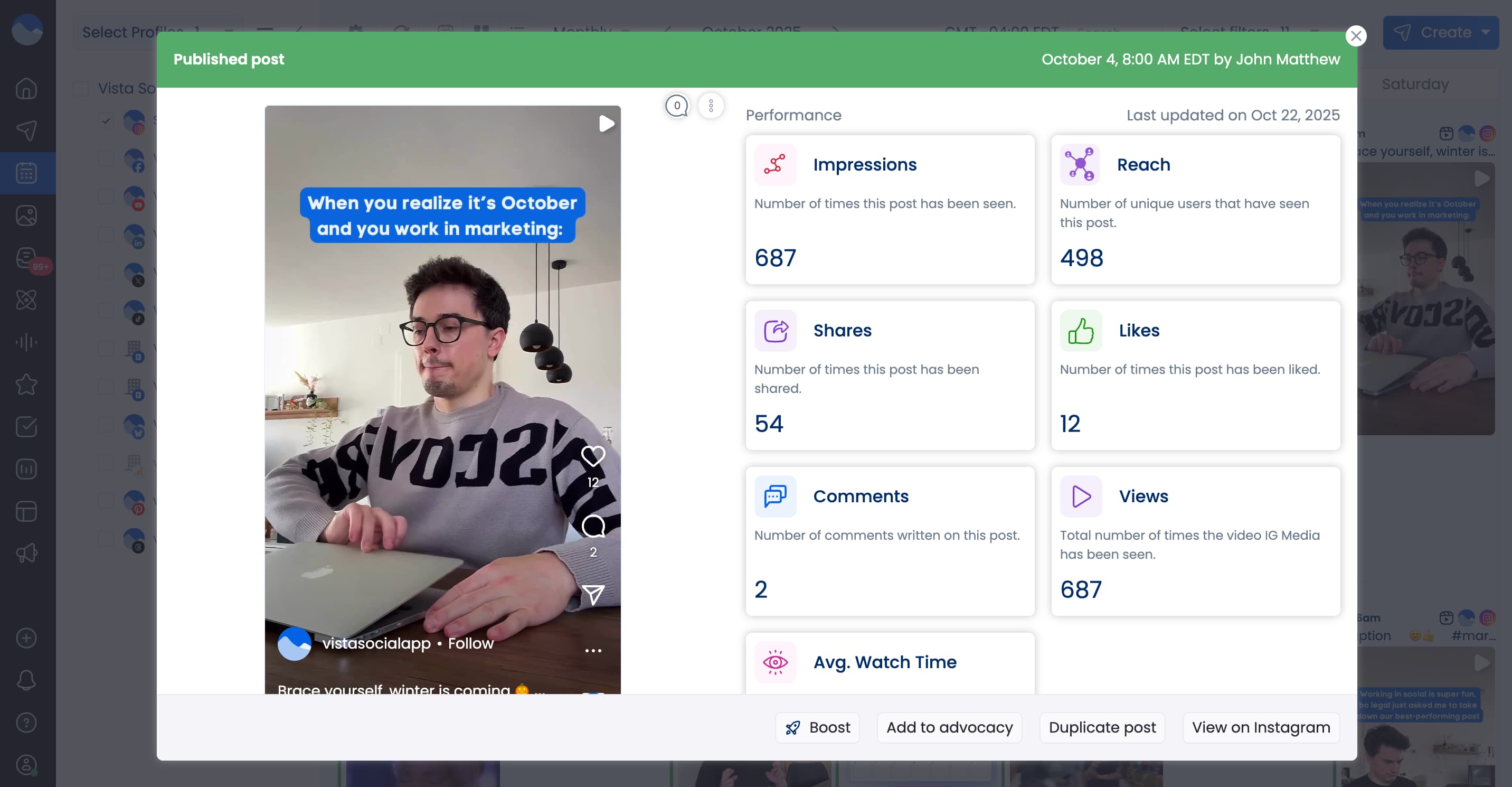 A screenshot of a post's performance and details inside the Vista Social content calendar.