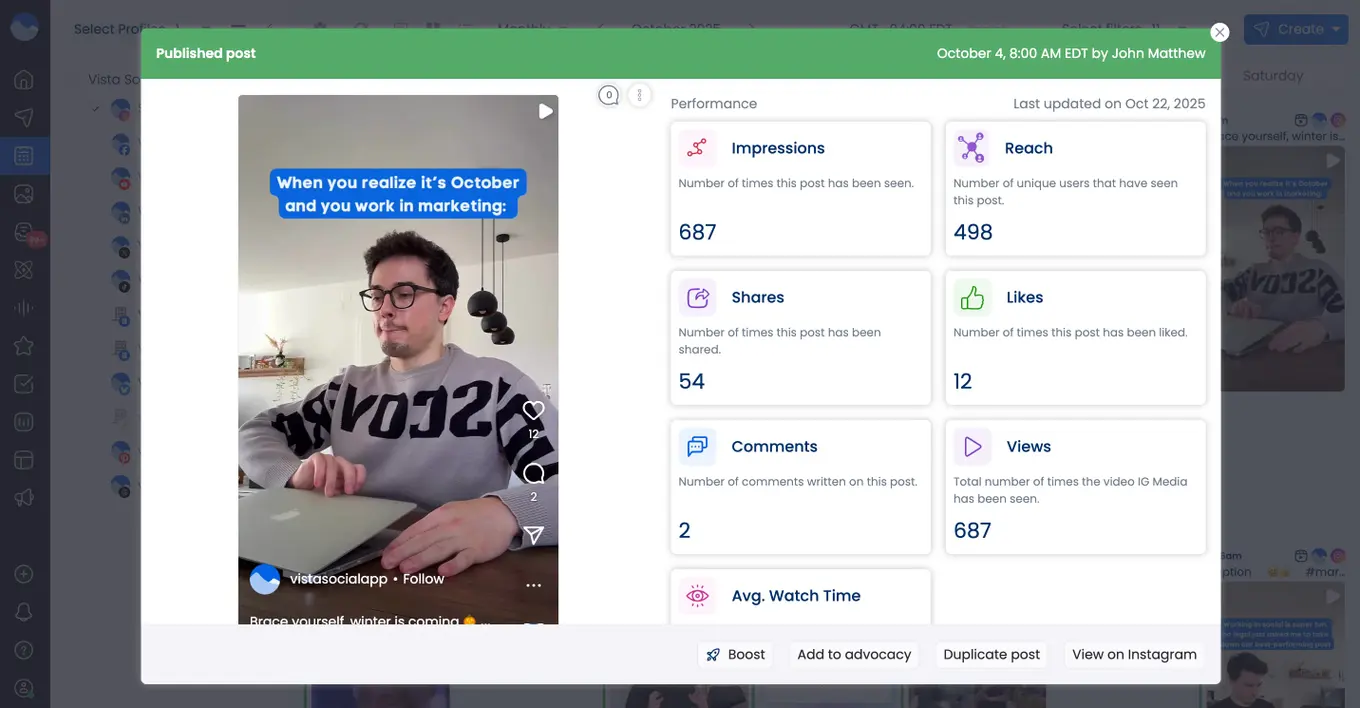 A screenshot of a post's performance and details inside the Vista Social content calendar.