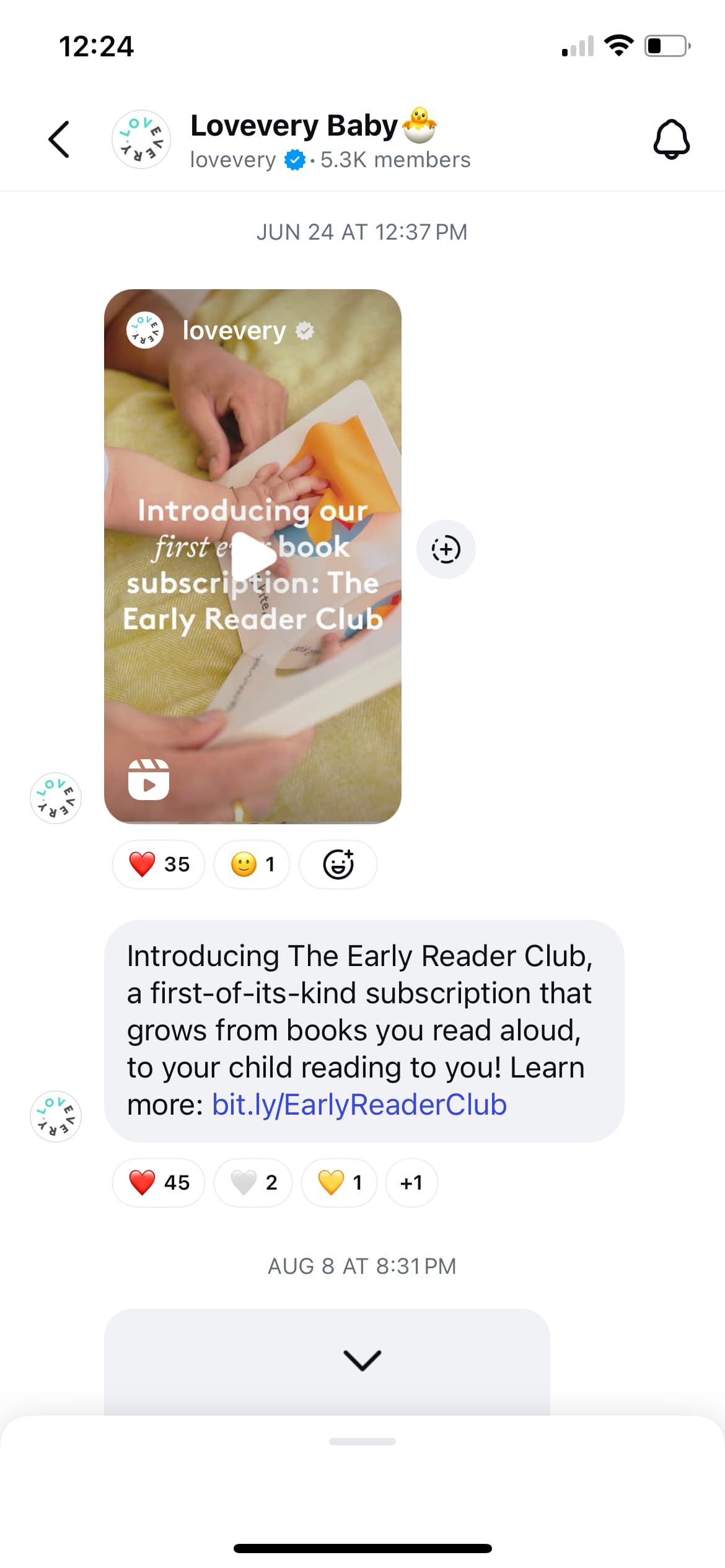 A screenshot of the Montessori brand Lovevery's Instagram broadcast channel.