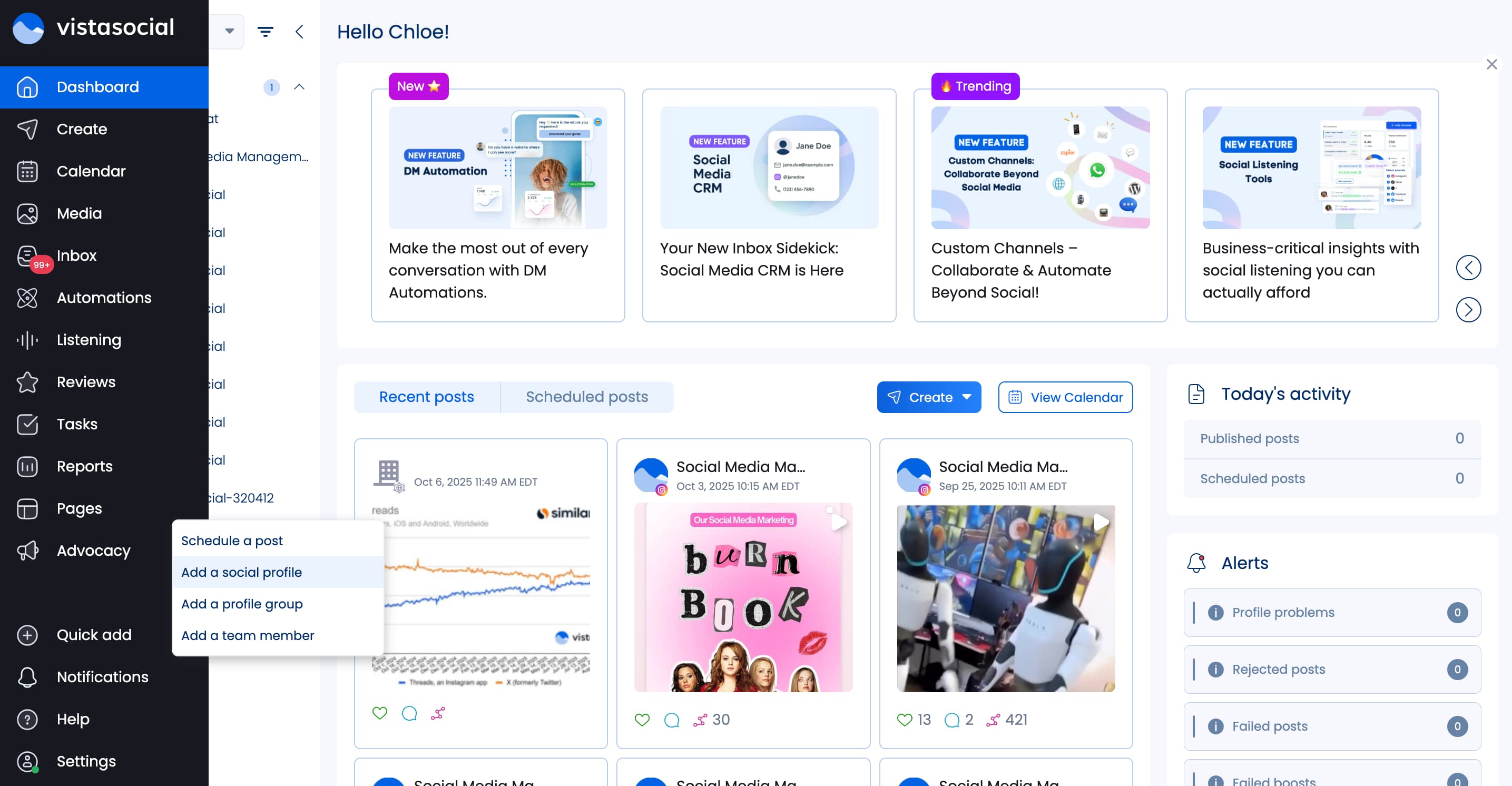 A screenshot showcasing how to add a new social profile in Vista Social.