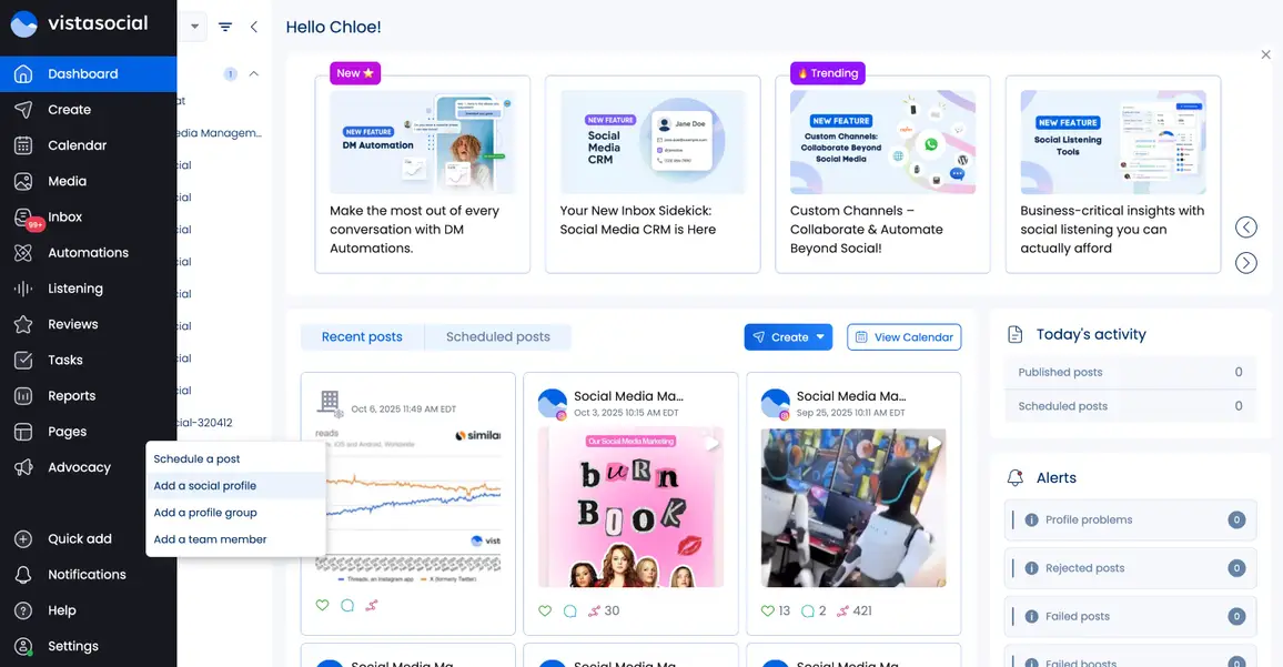 A screenshot showcasing how to add a new social profile in Vista Social.
