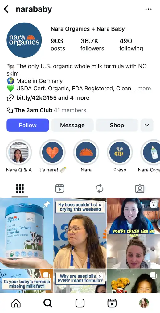 A screenshot of Nara Baby's Instagram account with its broadcast channel displayed on its profile.