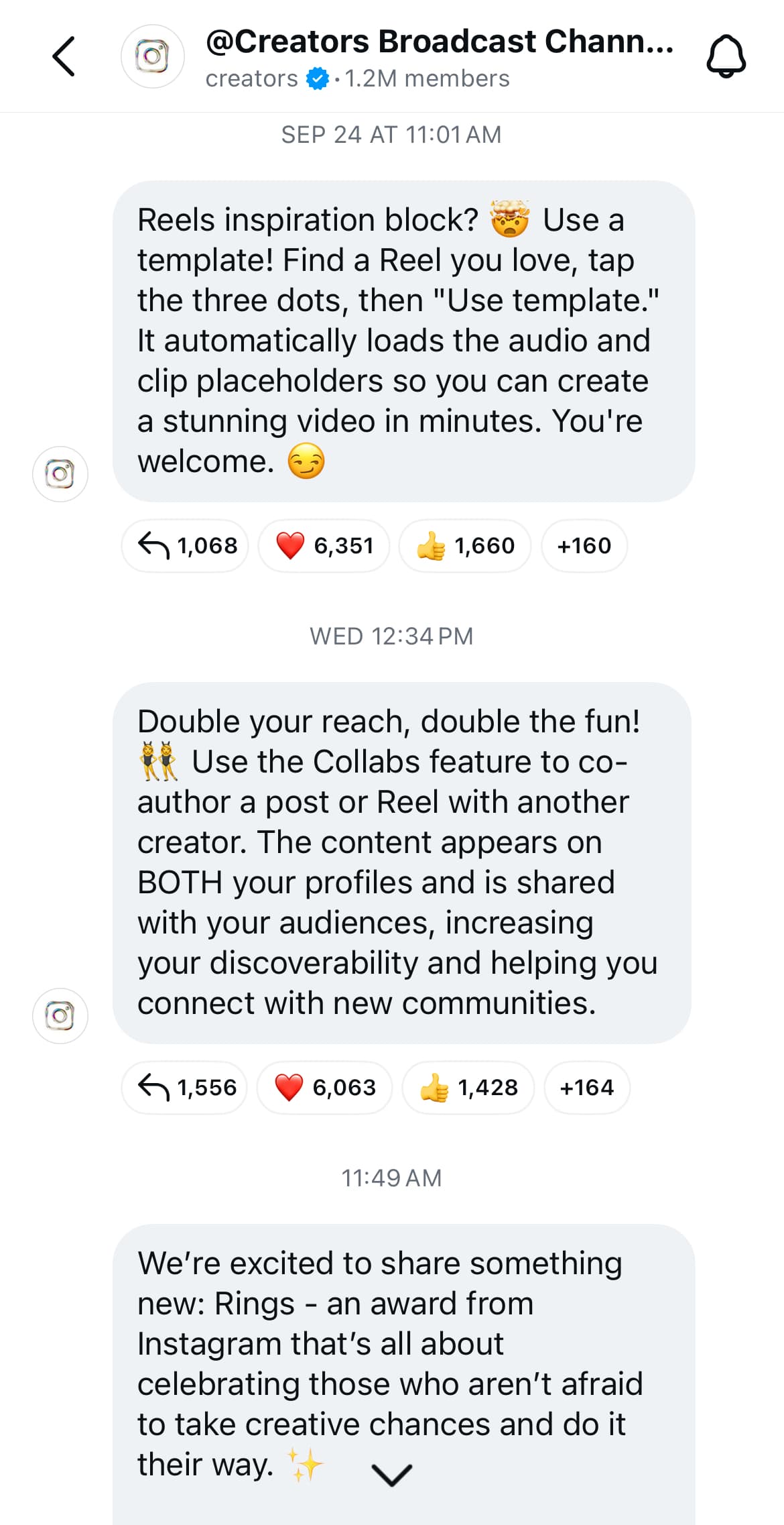 A screenshot of messages in the Instagram Creator's broadcast channel.