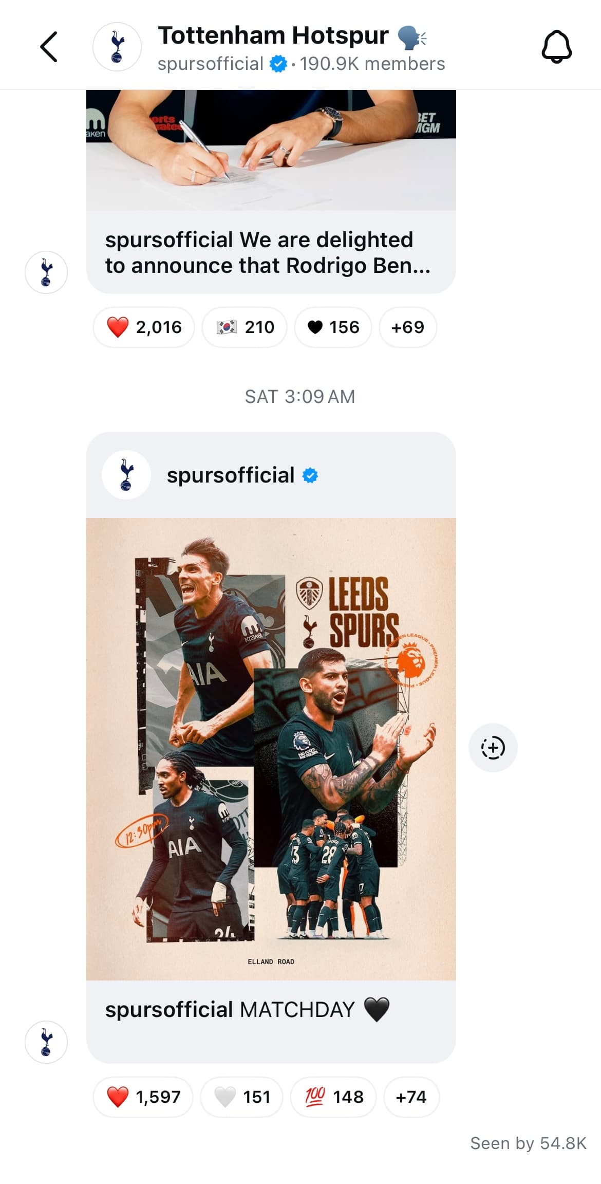 A screenshot of Tottenham Hotspurs' Instagram broadcast channel.