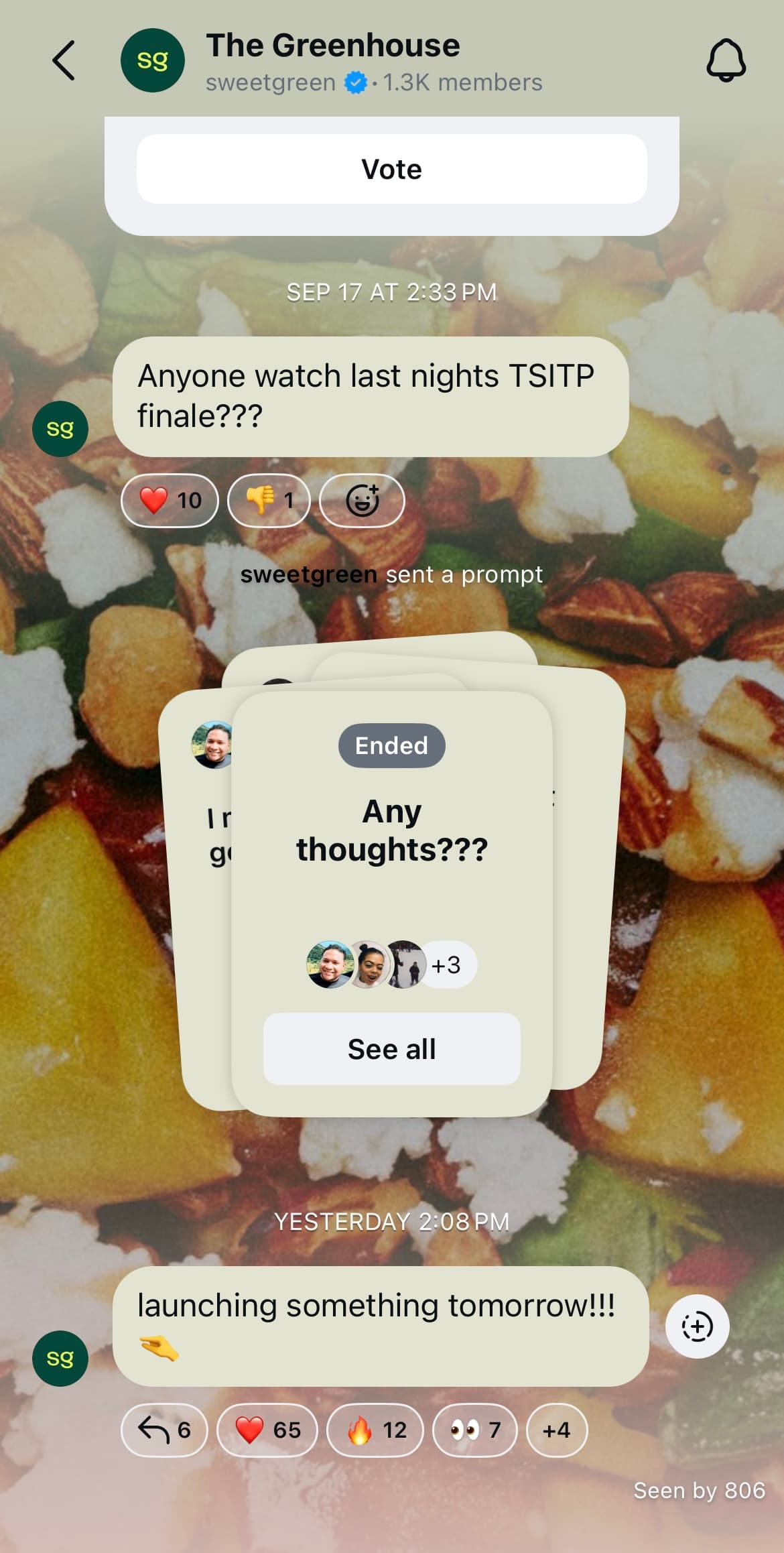 A screenshot of Sweetgreen's Instagram broadcast channel.