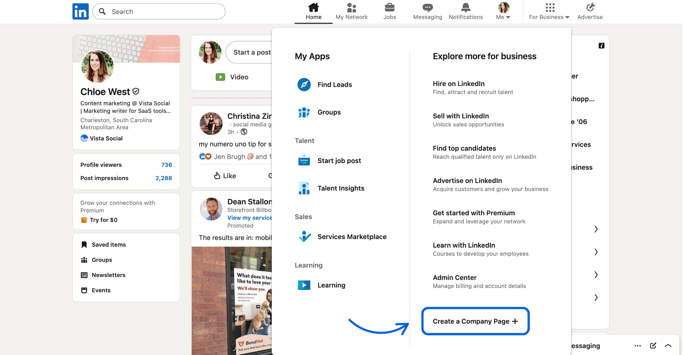 A screenshot of the "For Business" dropdown on LinkedIn, showing where to start creating a new company page.