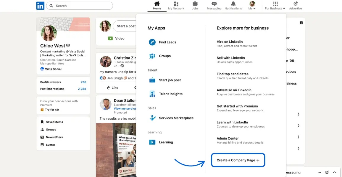 A screenshot of the "For Business" dropdown on LinkedIn, showing where to start creating a new company page.