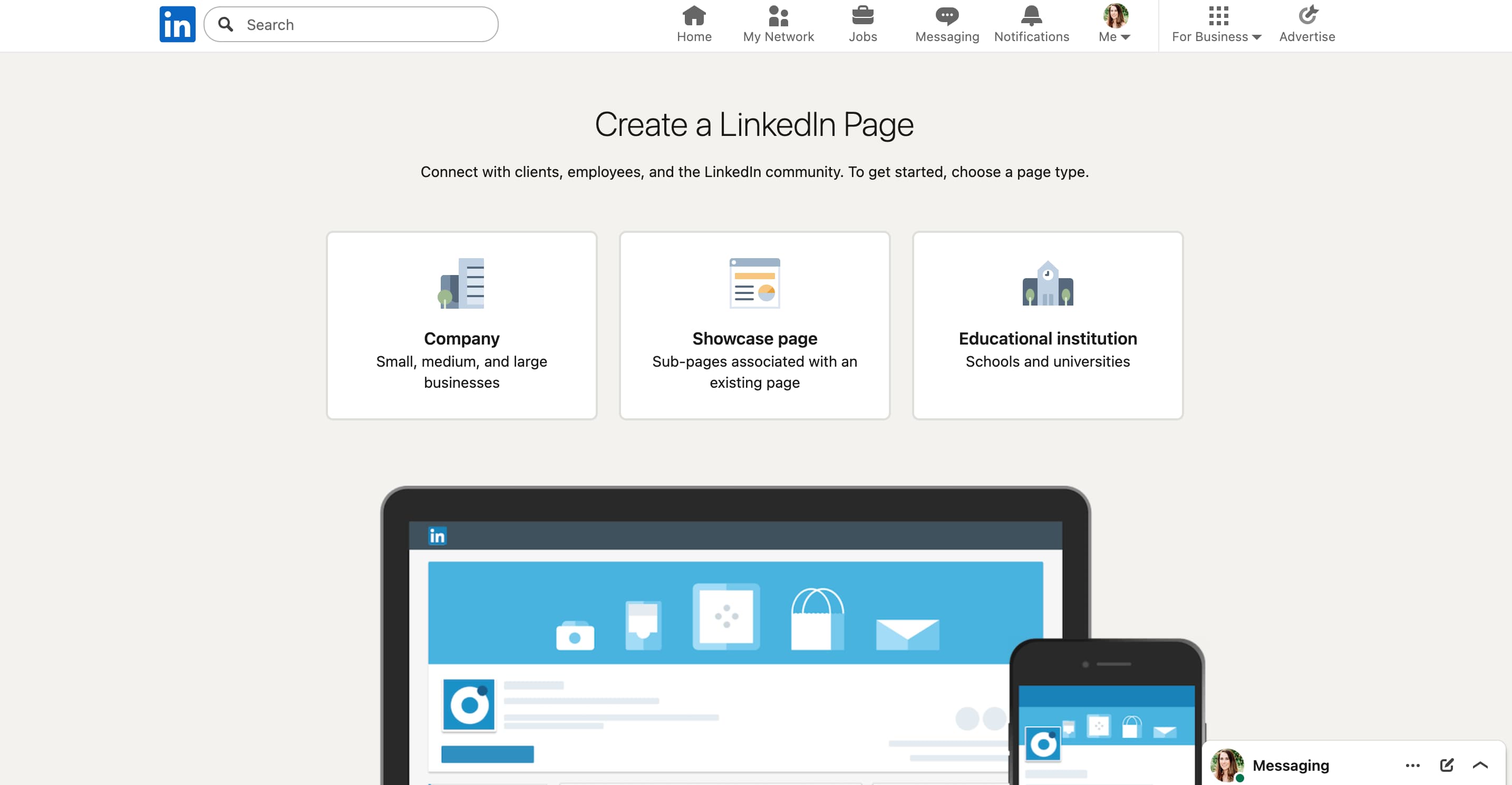 A screenshot showcasing the three page options on LinkedIn—company, showcase, or educational.