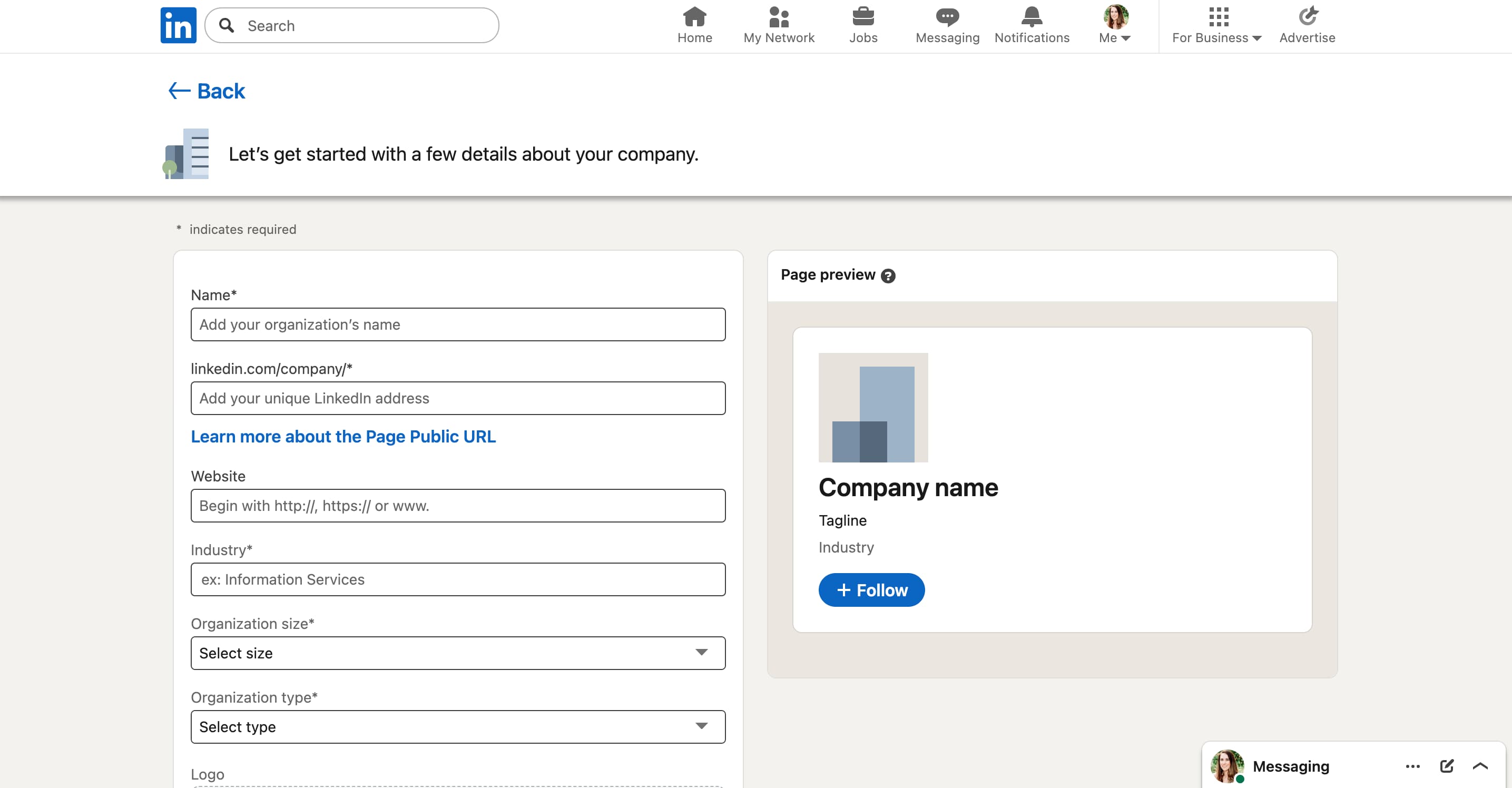 A screenshot of the fields businesses need to fill out to create their company page.