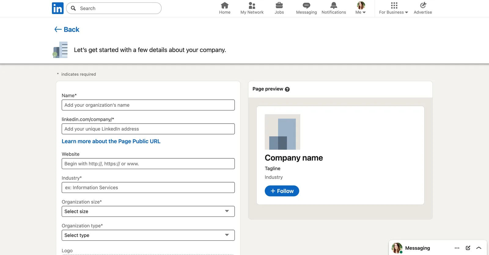 A screenshot of the fields businesses need to fill out to create their company page.