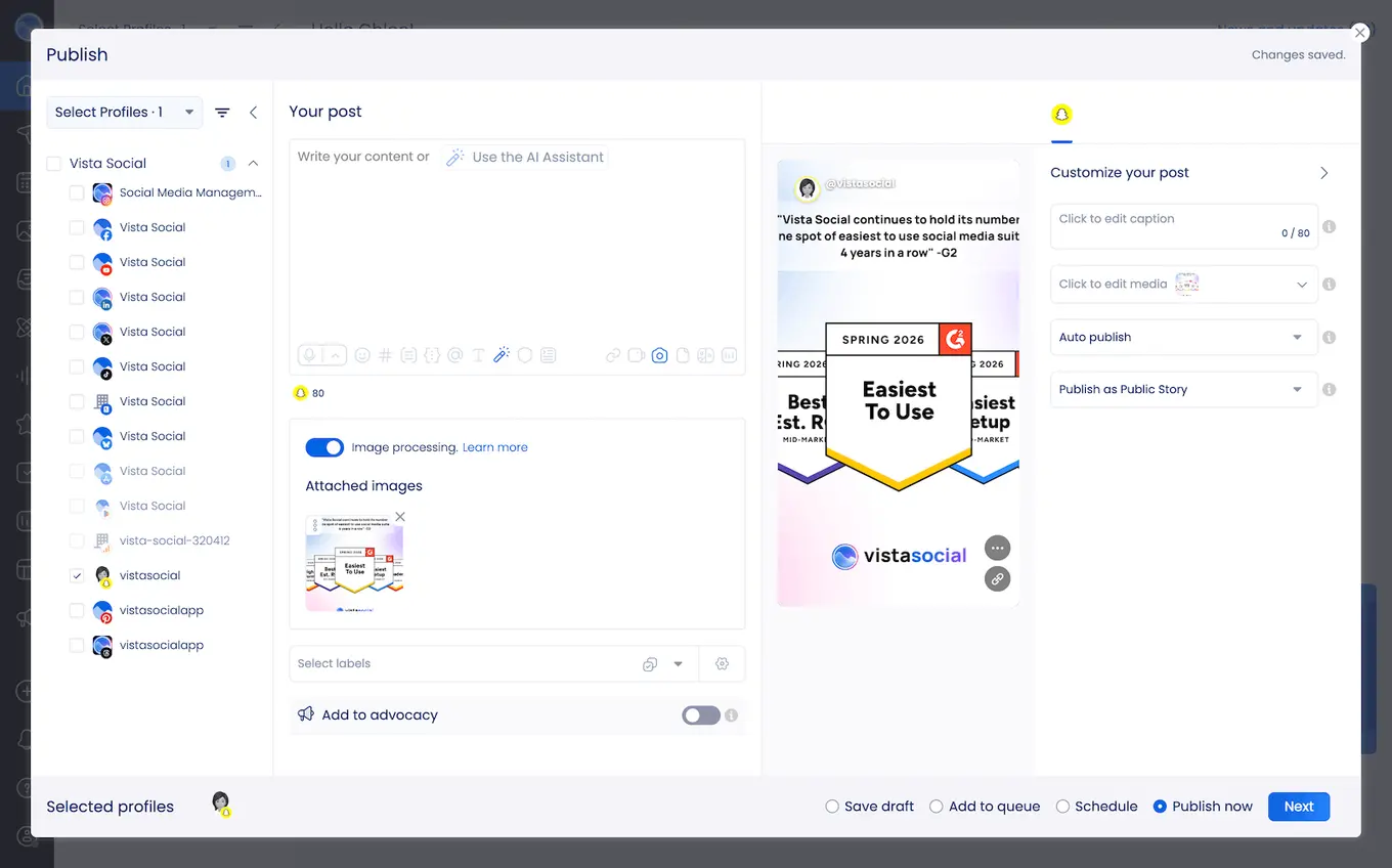 The Vista Social Snapchat post creation interface.