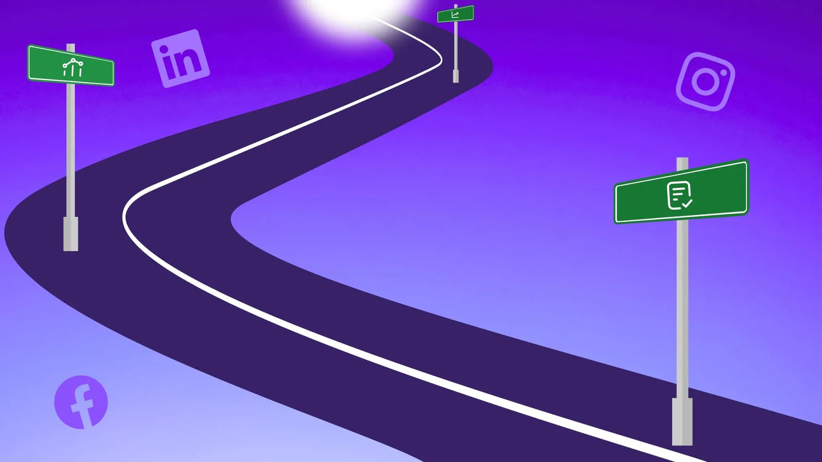 An illustration of a roadway with social media road signs.