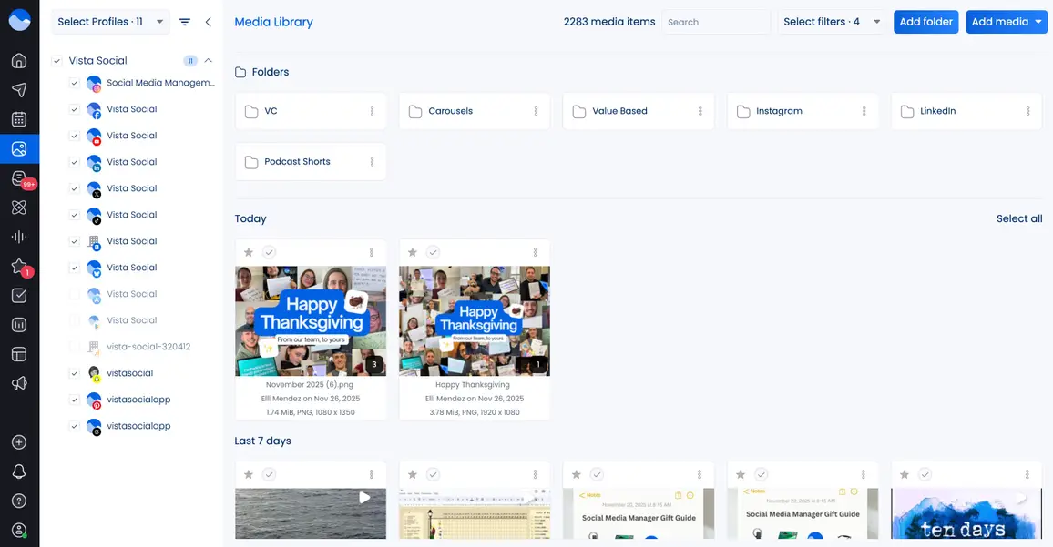 A screenshot of Vista Social's media library.