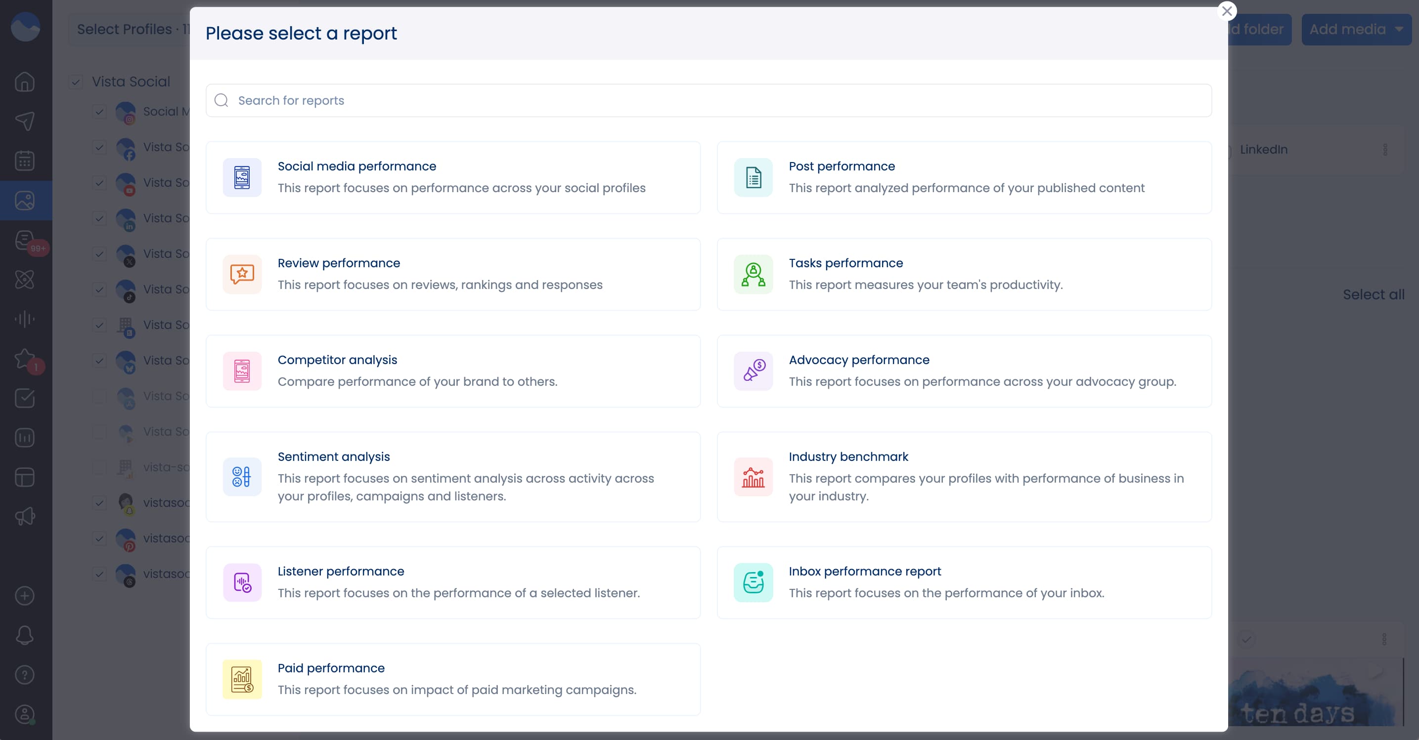 A screenshot of Vista Social's reporting options.