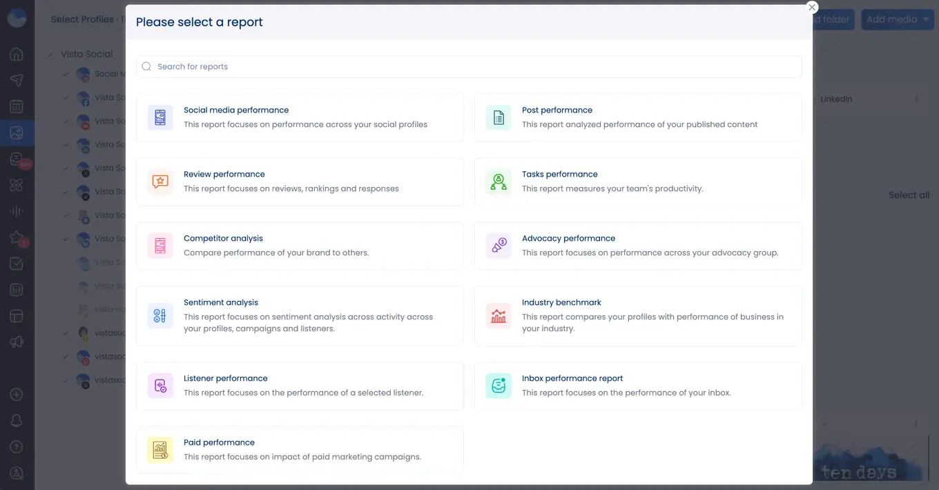 A screenshot of Vista Social's reporting options.