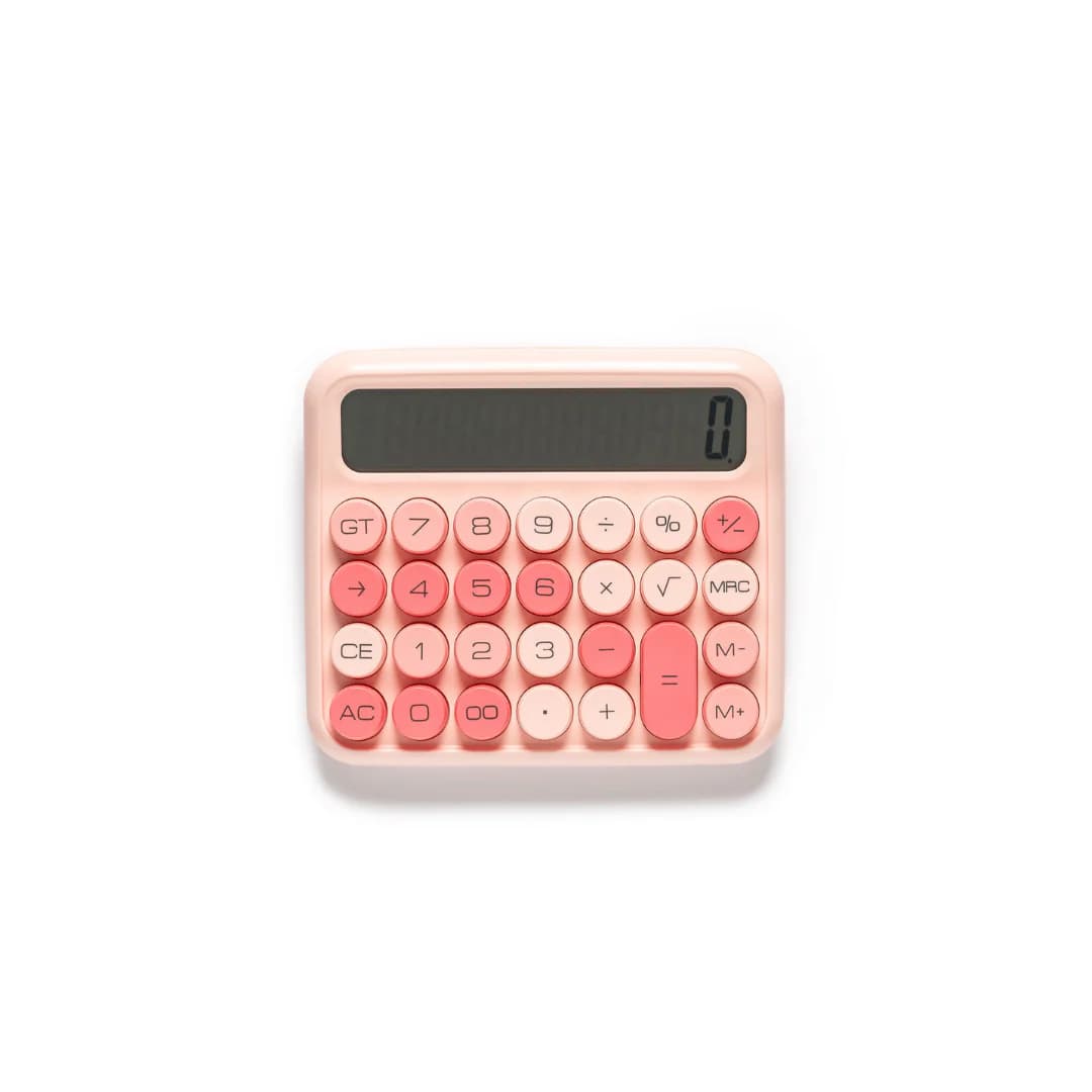 A pink mechanical calculator.