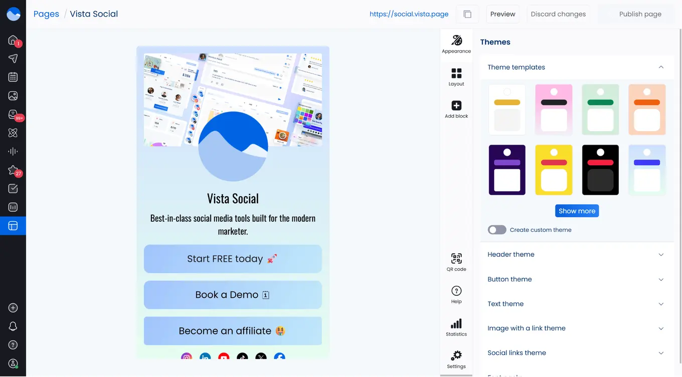 The Vista Pages link-in-bio page builder in Vista Social.