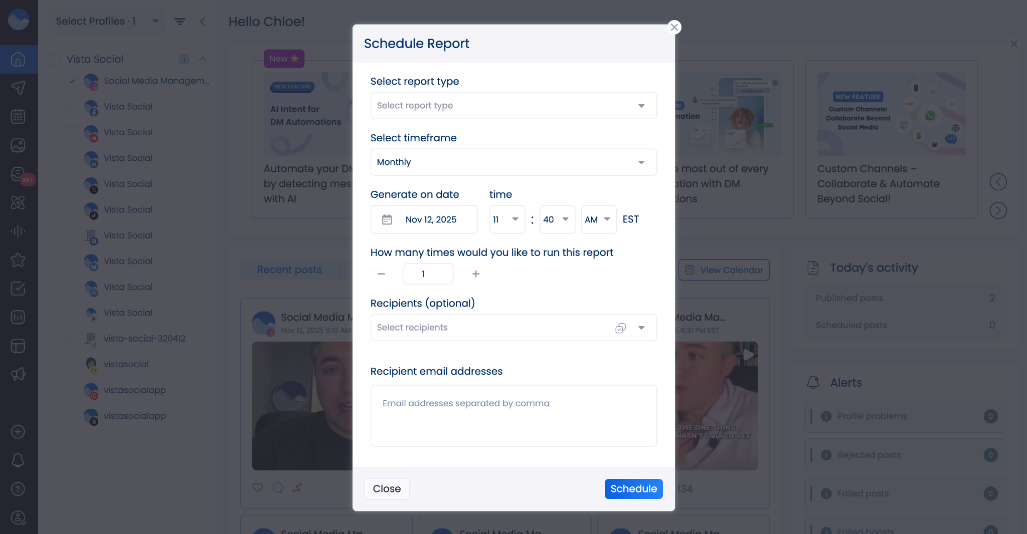 A screenshot showing how to schedule reports in Vista Social.