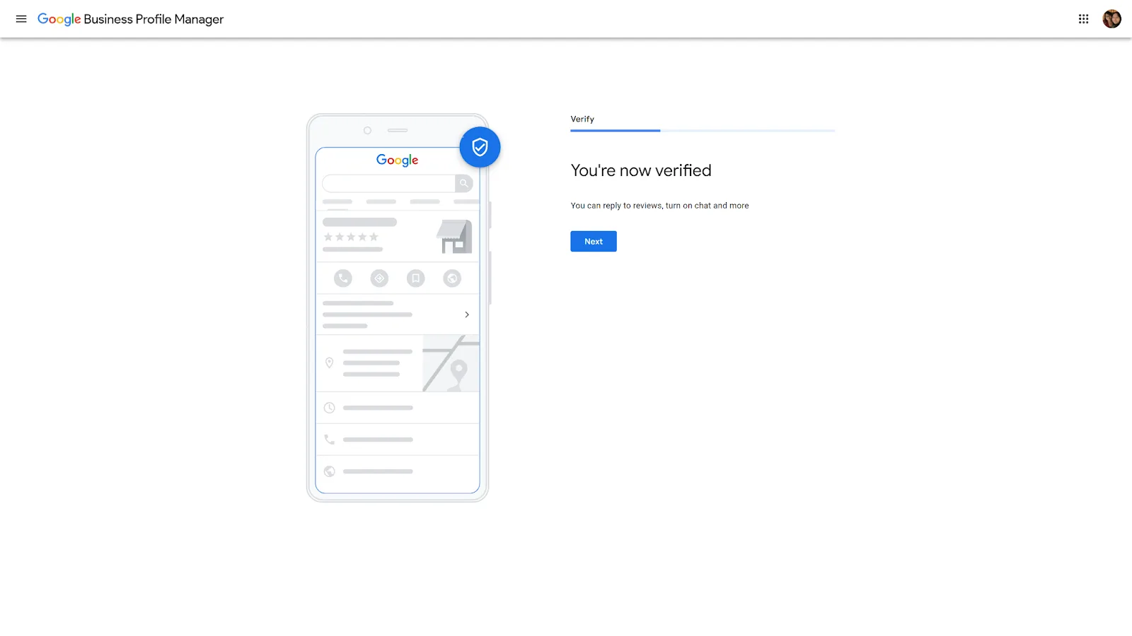 The confirmation screen when creating a Google Business Profile.