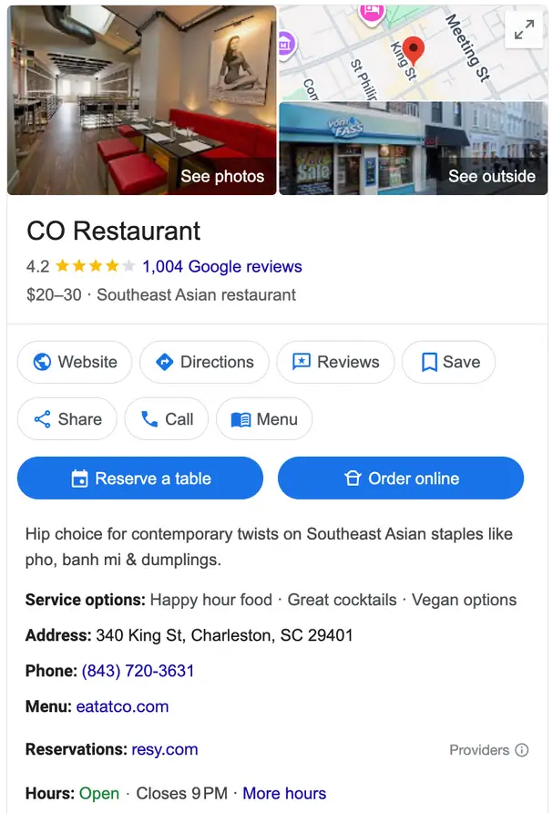 A screenshot of CO Restaurant's Google Business Profile.