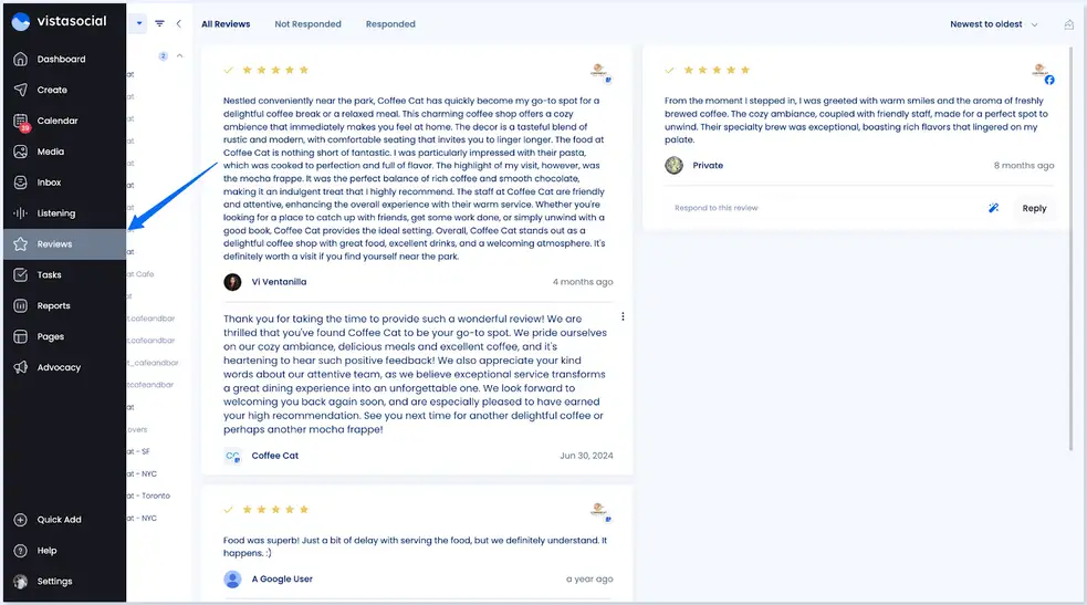 The review management dashboard in Vista Social.