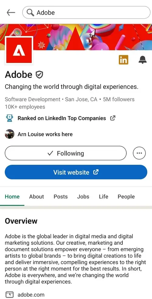 Adobe's LinkedIn company page.