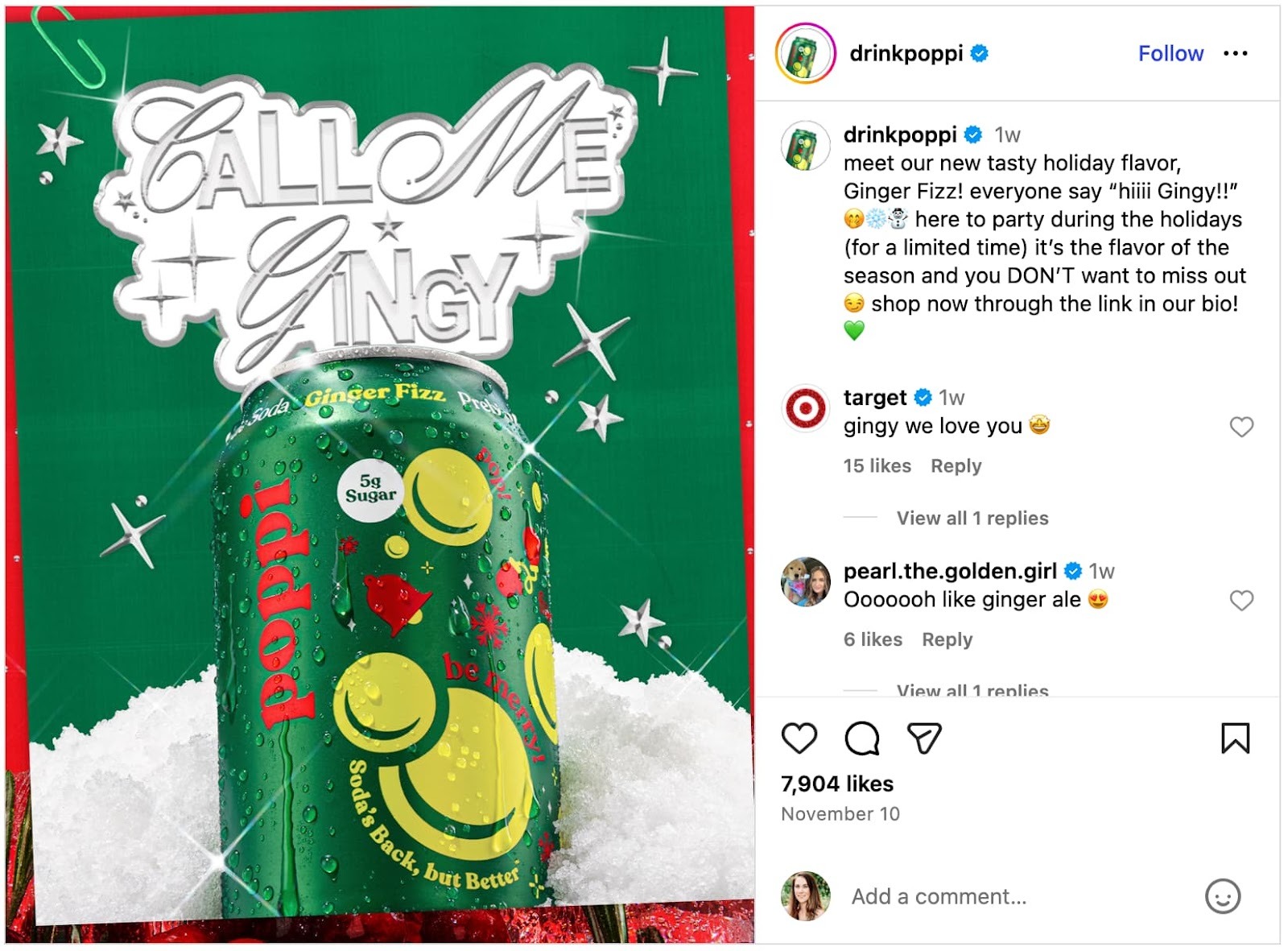 A screenshot of an Instagram post from soda brand Poppi.