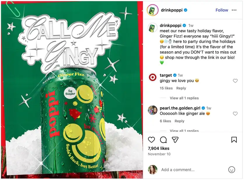 A screenshot of an Instagram post from soda brand Poppi.