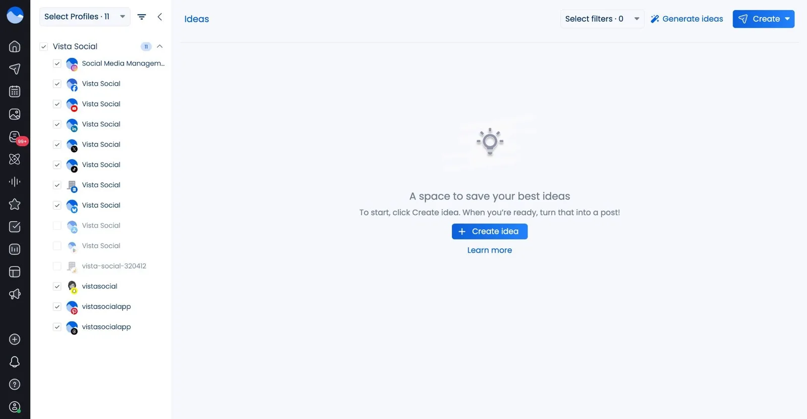 The Ideas dashboard in Vista Social.