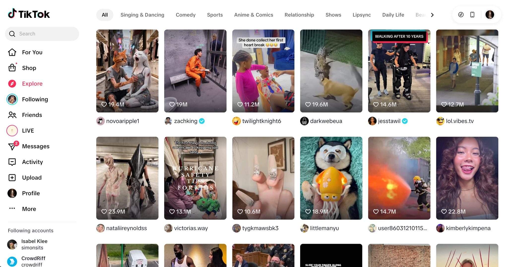 A screenshot of TikTok's Explore feed.