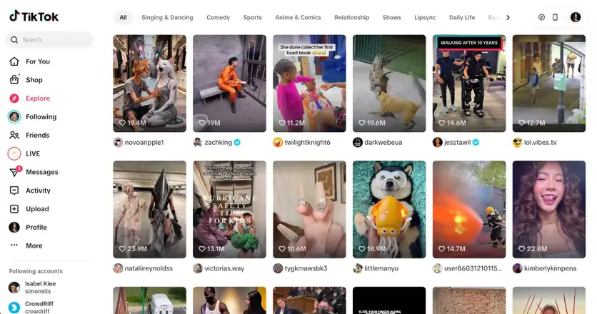 A screenshot of TikTok's Explore feed.